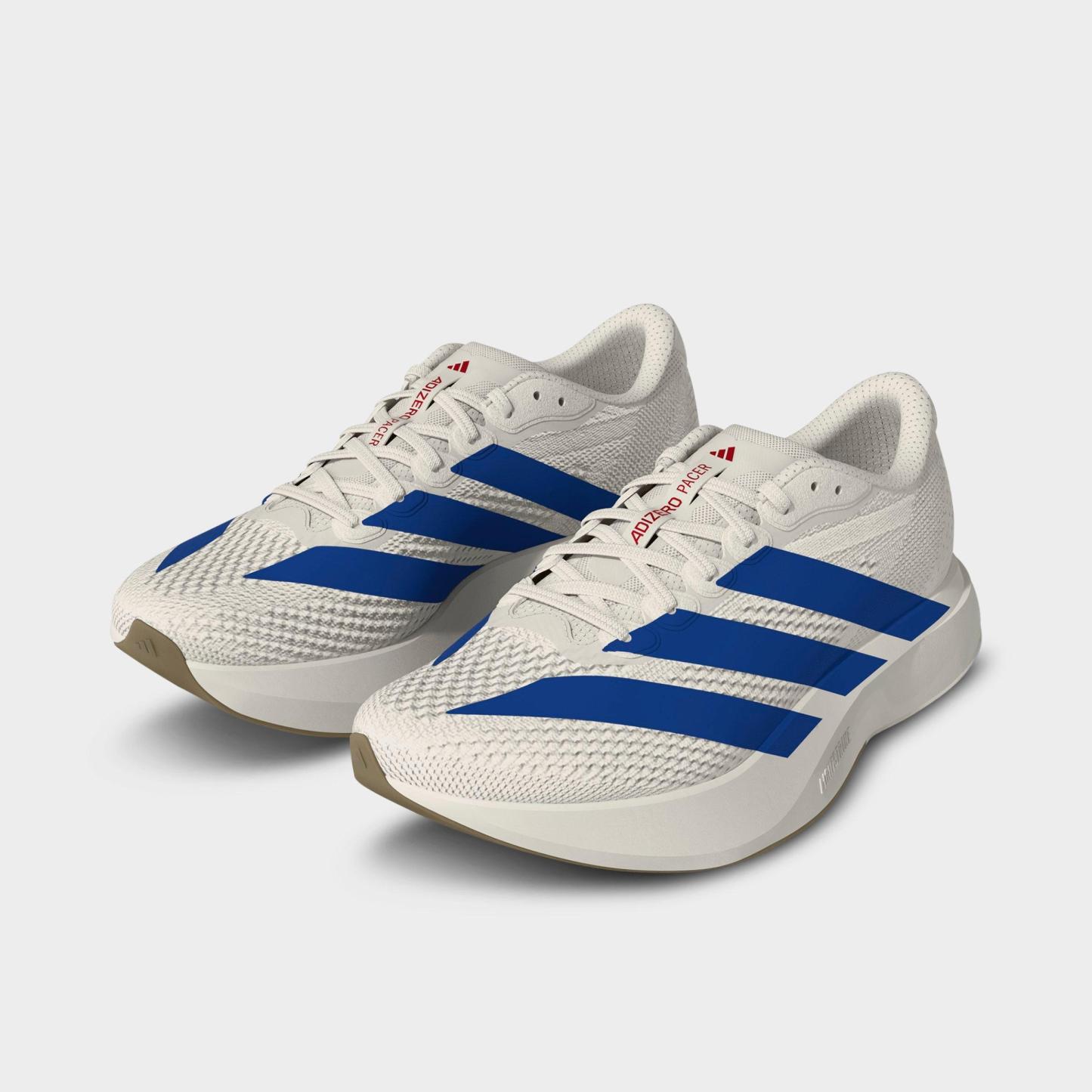 Men's adidas Adizero Pacer Running Shoes - Core White/Royal Blue/Pure Ruby - Both shoes facing left