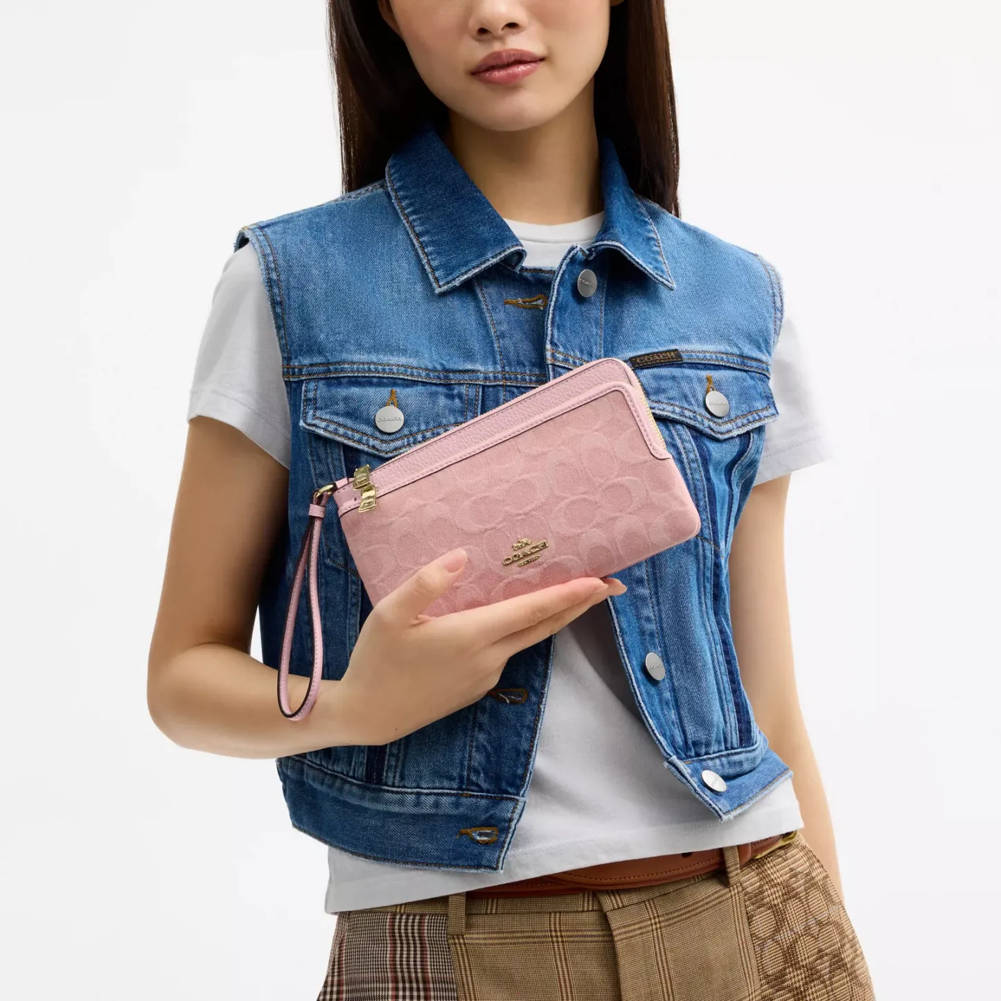Double Zip Wallet In Signature Denim - Gold/Light Pink - view 3