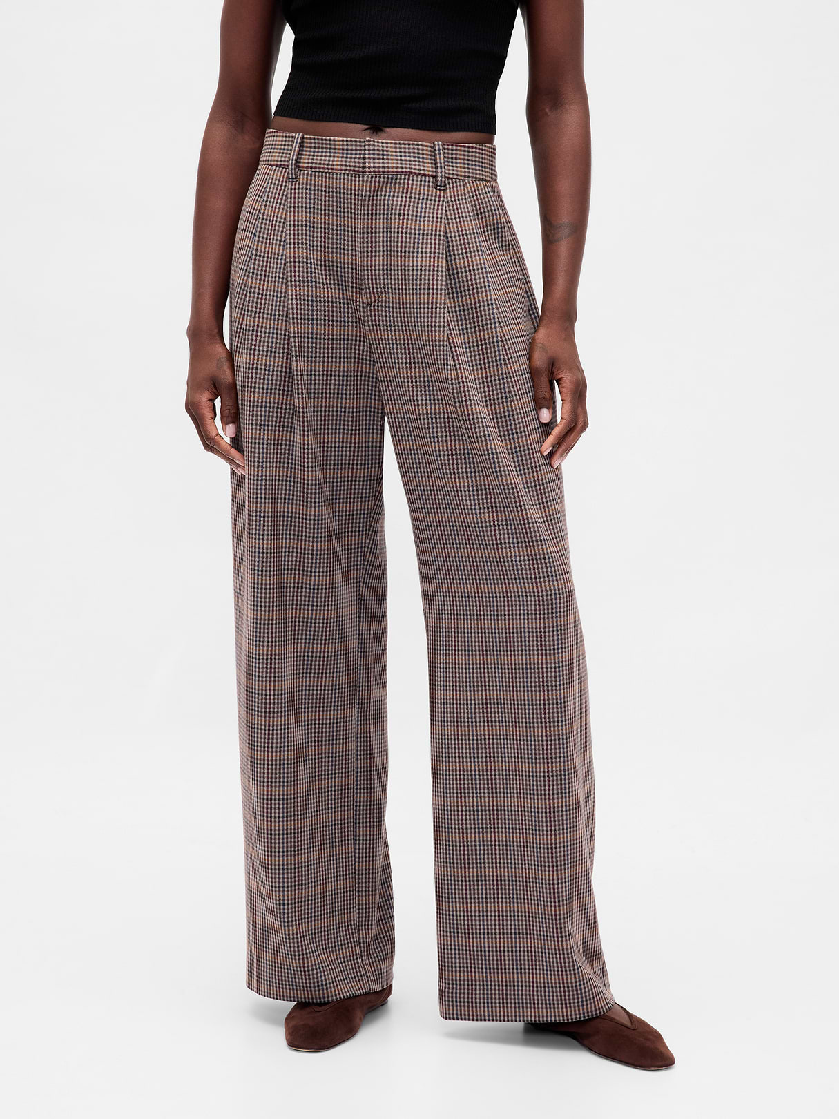 365 High Rise Pleated Trousers - Tonal brown plaid