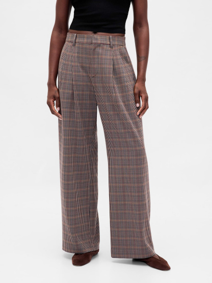 365 High Rise Pleated Trousers - Tonal brown plaid
