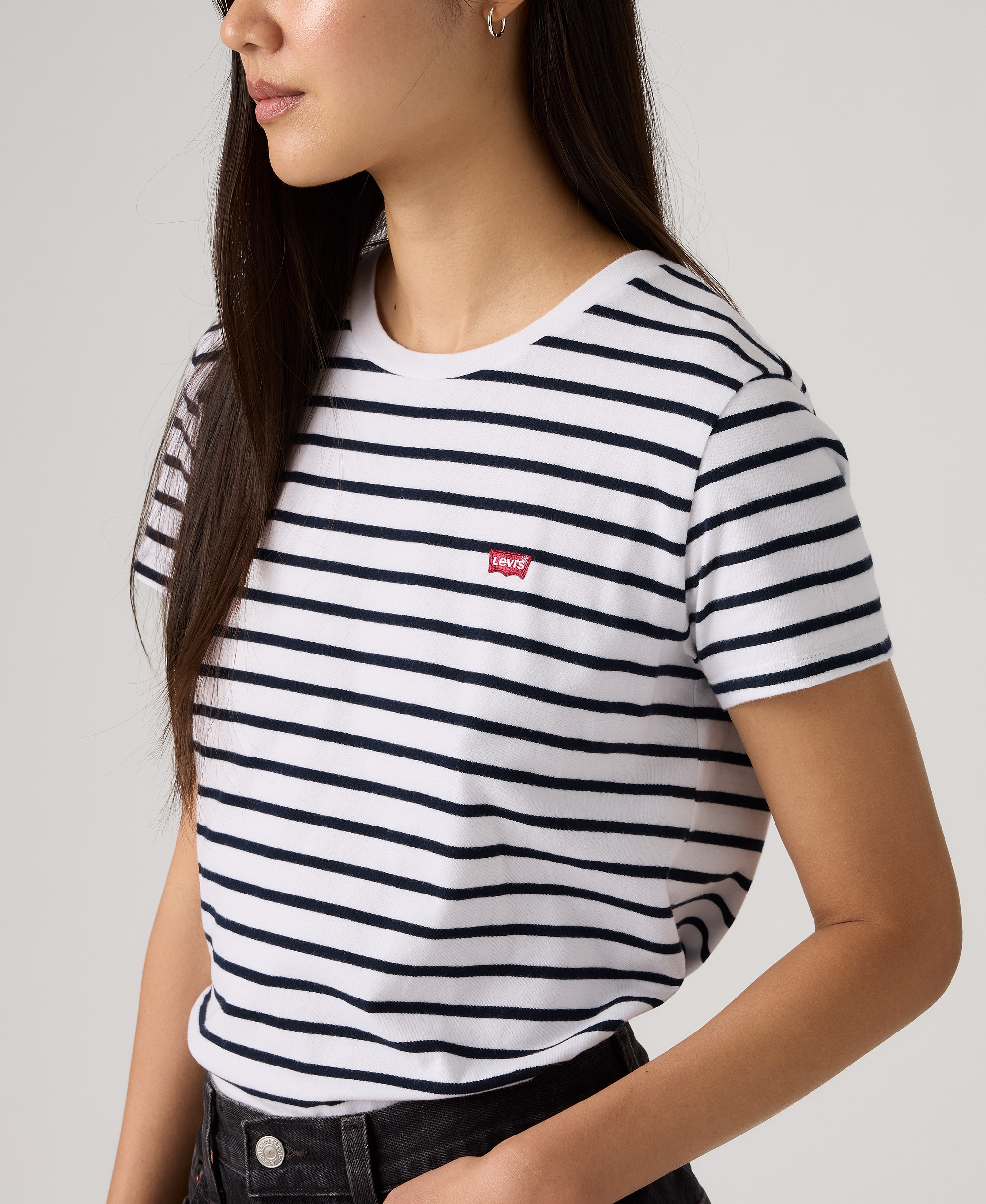 Levi's Women's The Perfect Crew Neck Cotton T-Shirt - Emily Stripe Bright White Navy Blazer