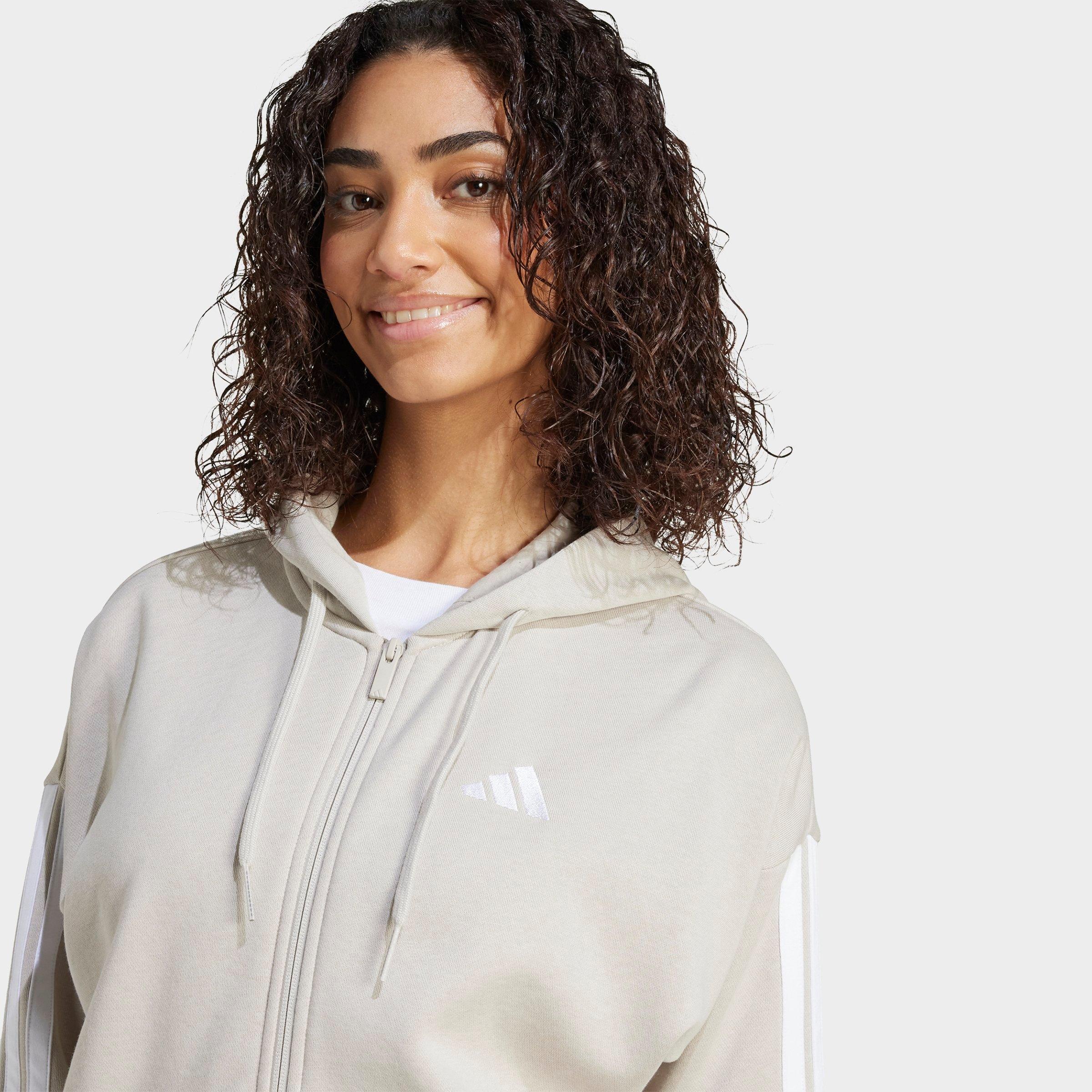 Women's adidas Essentials 3-Stripes Fleece Full-Zip Hoodie - Beige/White