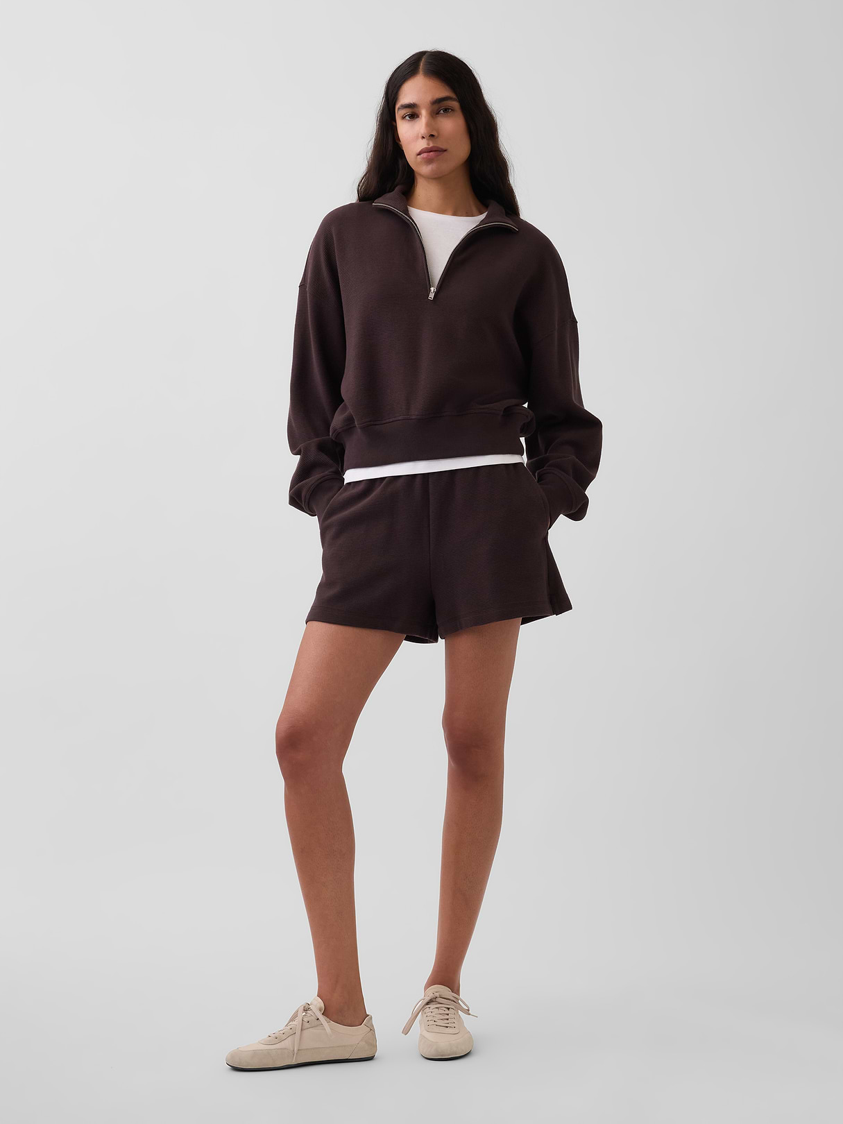 Textured Cotton Oversized Half-Zip Pullover - Terra brown