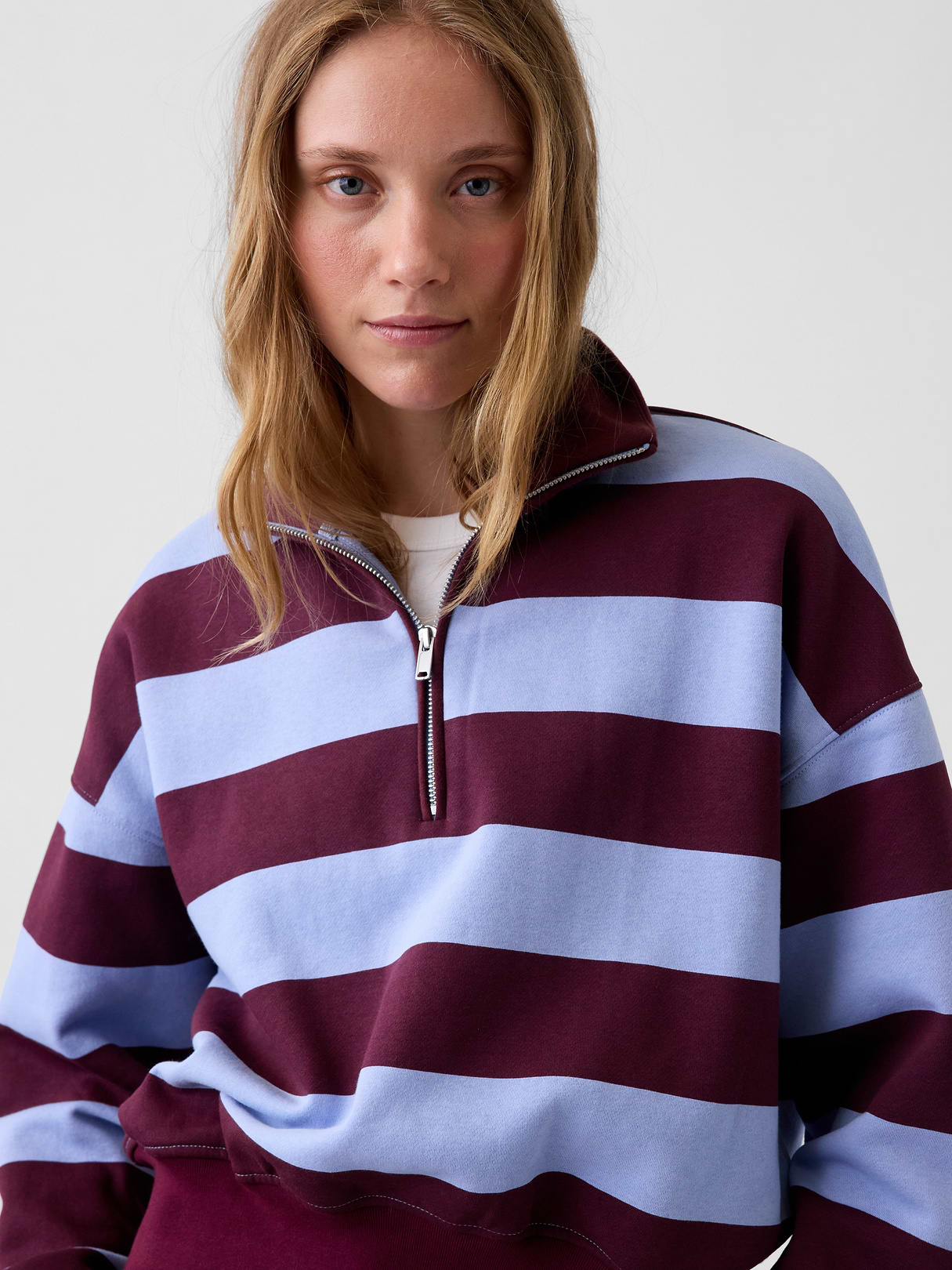 VintageSoft Oversized Half-Zip Wedge Pullover - Blue & purple burgundy stripe
