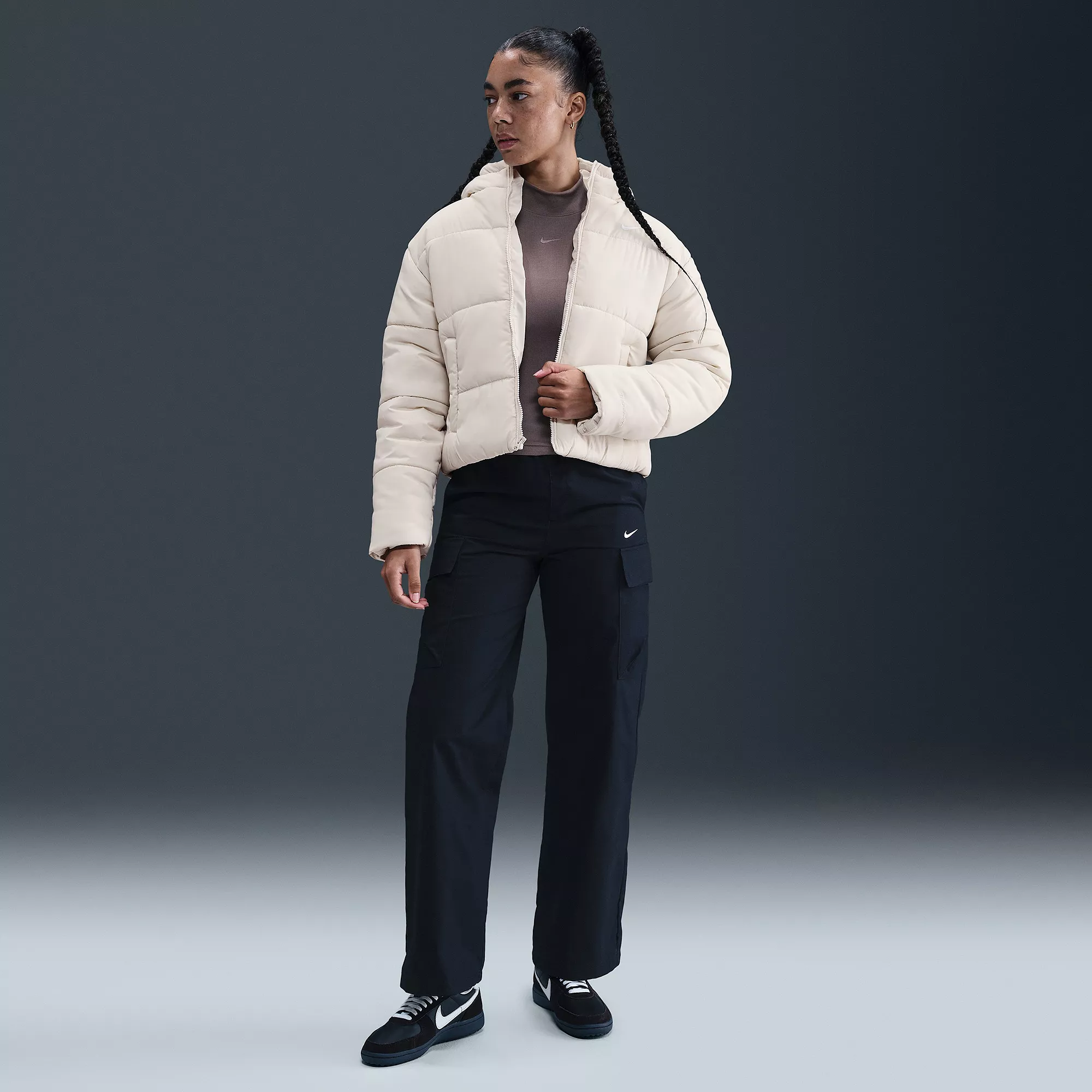 Nike Women's Sportswear Classic Puffer Therma-FIT Loose Hooded Jacket — Light Bone