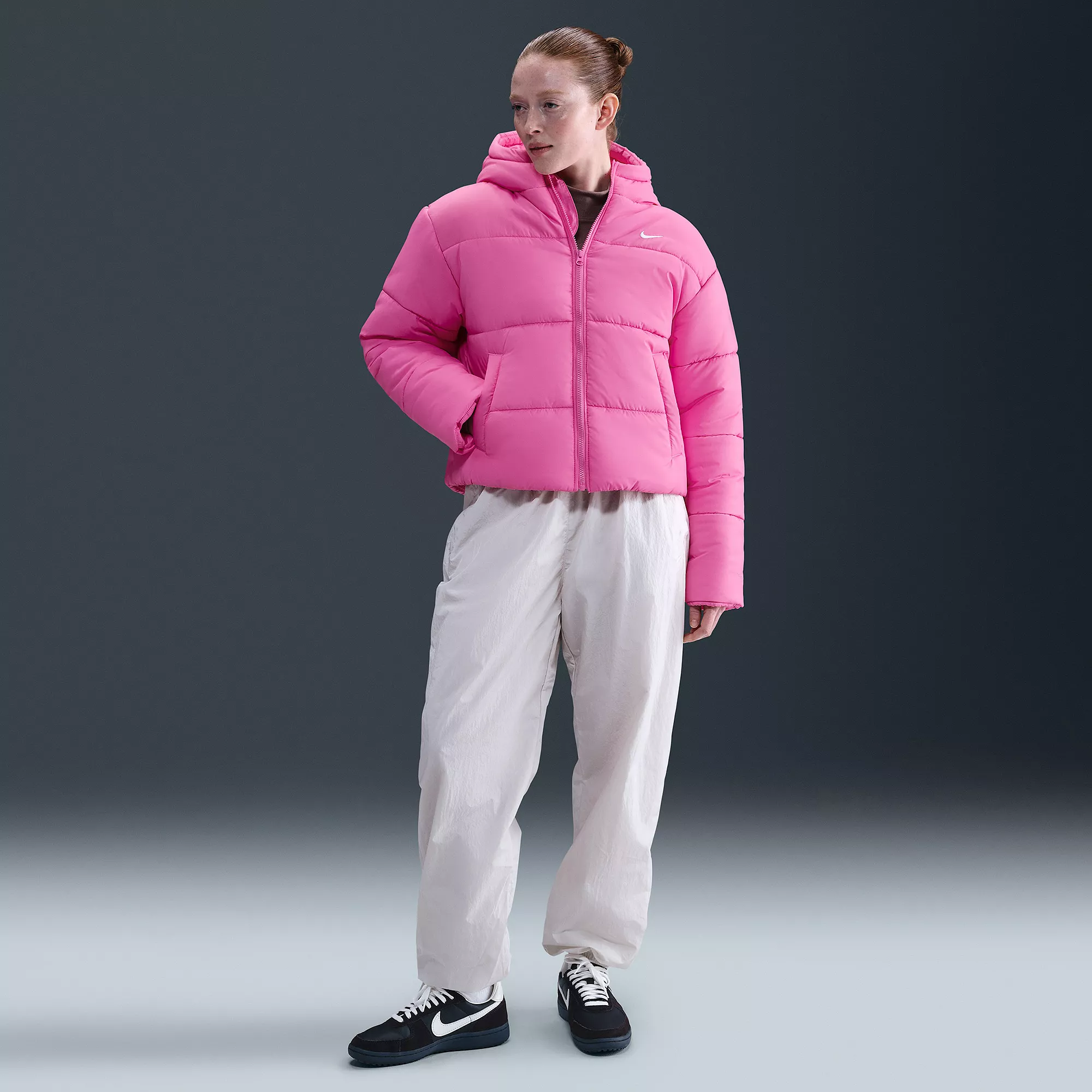 Nike Women's Sportswear Classic Puffer Therma-FIT Loose Hooded Jacket — Playful Pink
