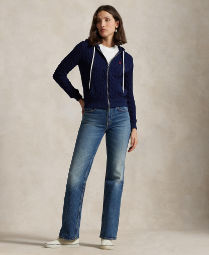 Polo Ralph Lauren Women's Cable-Knit Cotton Full-Zip Hoodie Sweater - Newport Navy