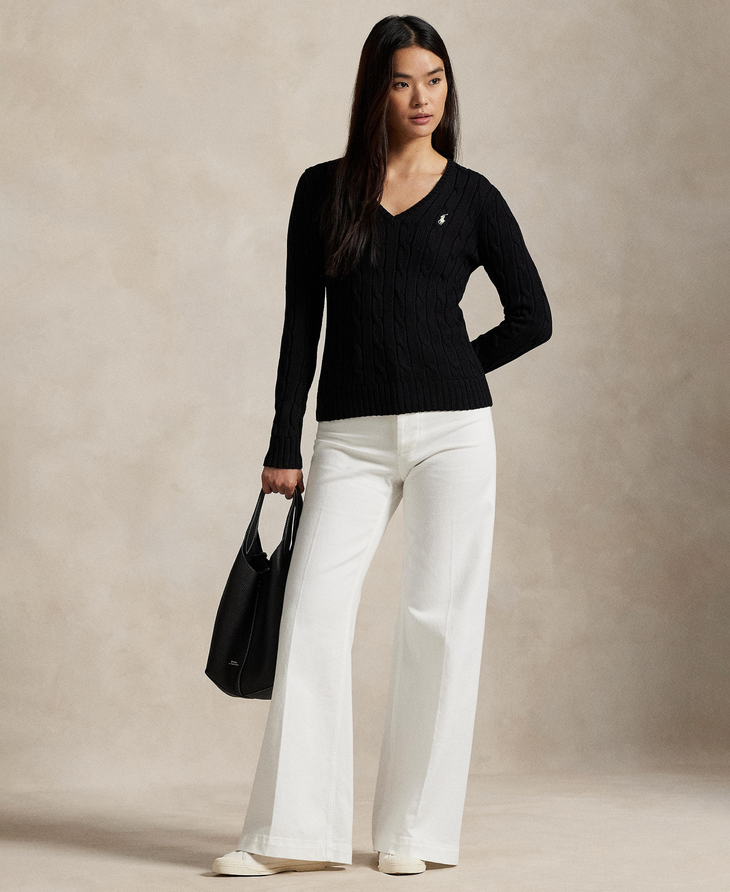 Polo Ralph Lauren Women's Cable-Knit Cotton V-Neck Sweater - Polo Black/White