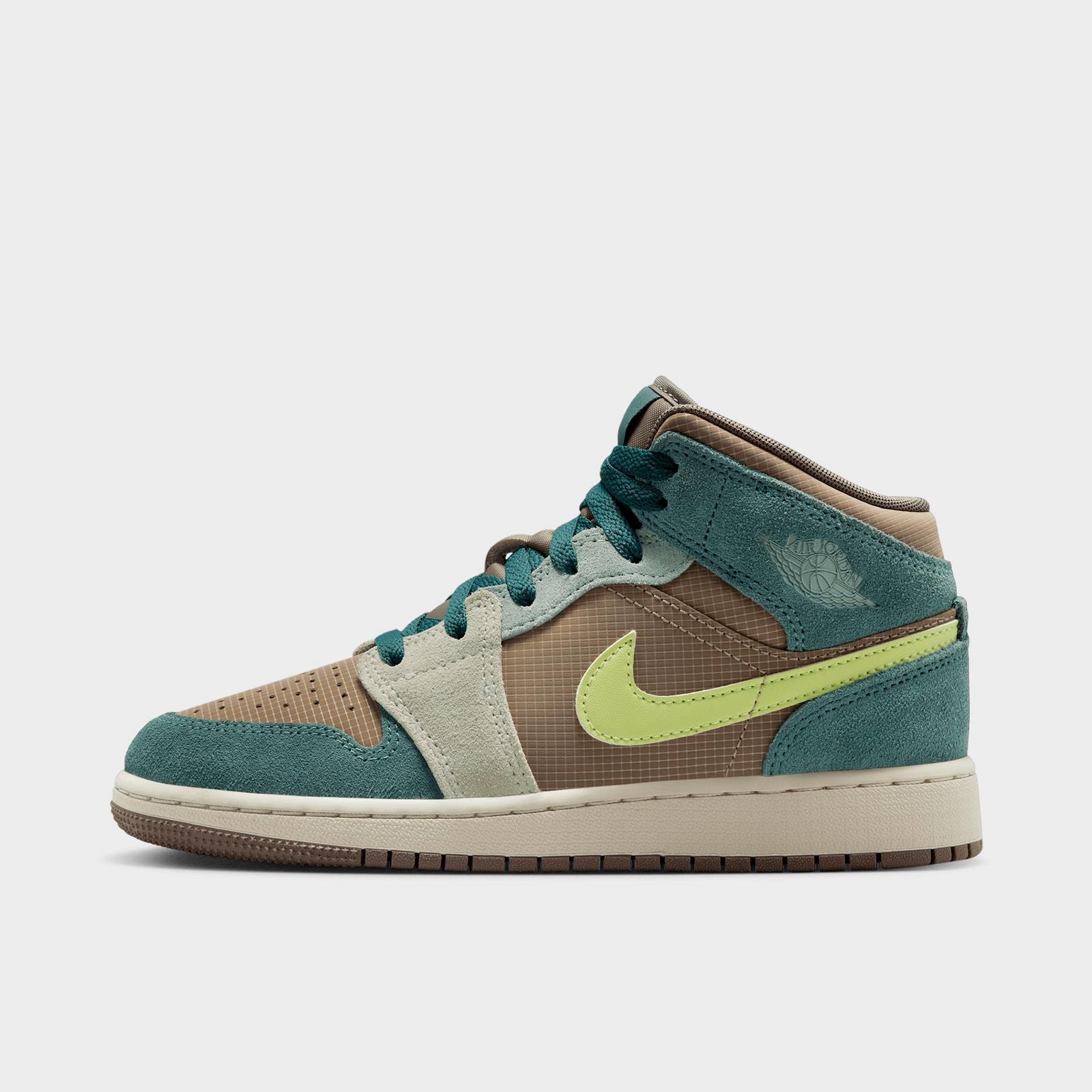 Big Kids' Air Jordan Retro 1 Mid Casual Shoes - Khaki/Hasta/Olive Grey/Light Lemon Twist - view 1