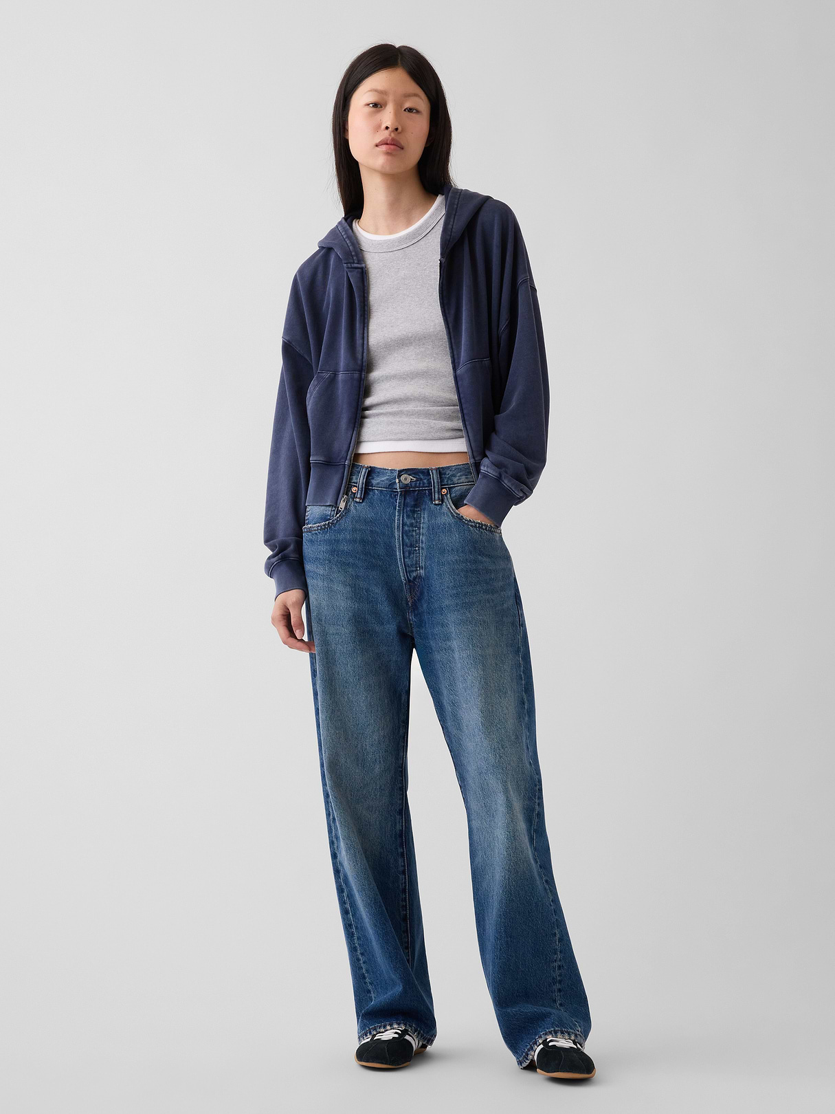 VintageSoft Terry Oversized Wedge Zip Hoodie - Tapestry navy blue wash