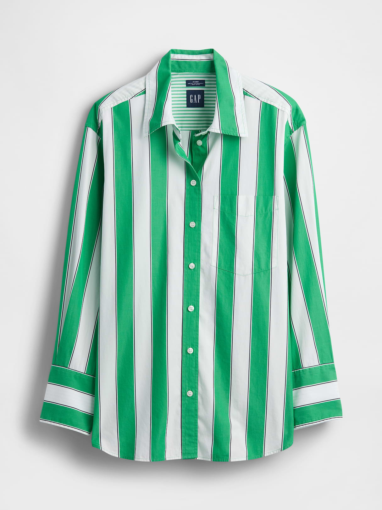 Organic Cotton Poplin Stripe Big Shirt - Green white stripe