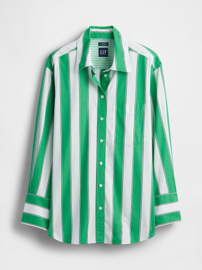 Organic Cotton Poplin Stripe Big Shirt - Green white stripe