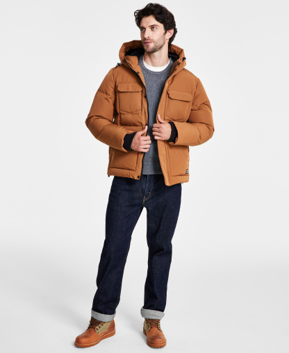 Levi's Men's Quilted Hooded Puffer Jacket - Brown