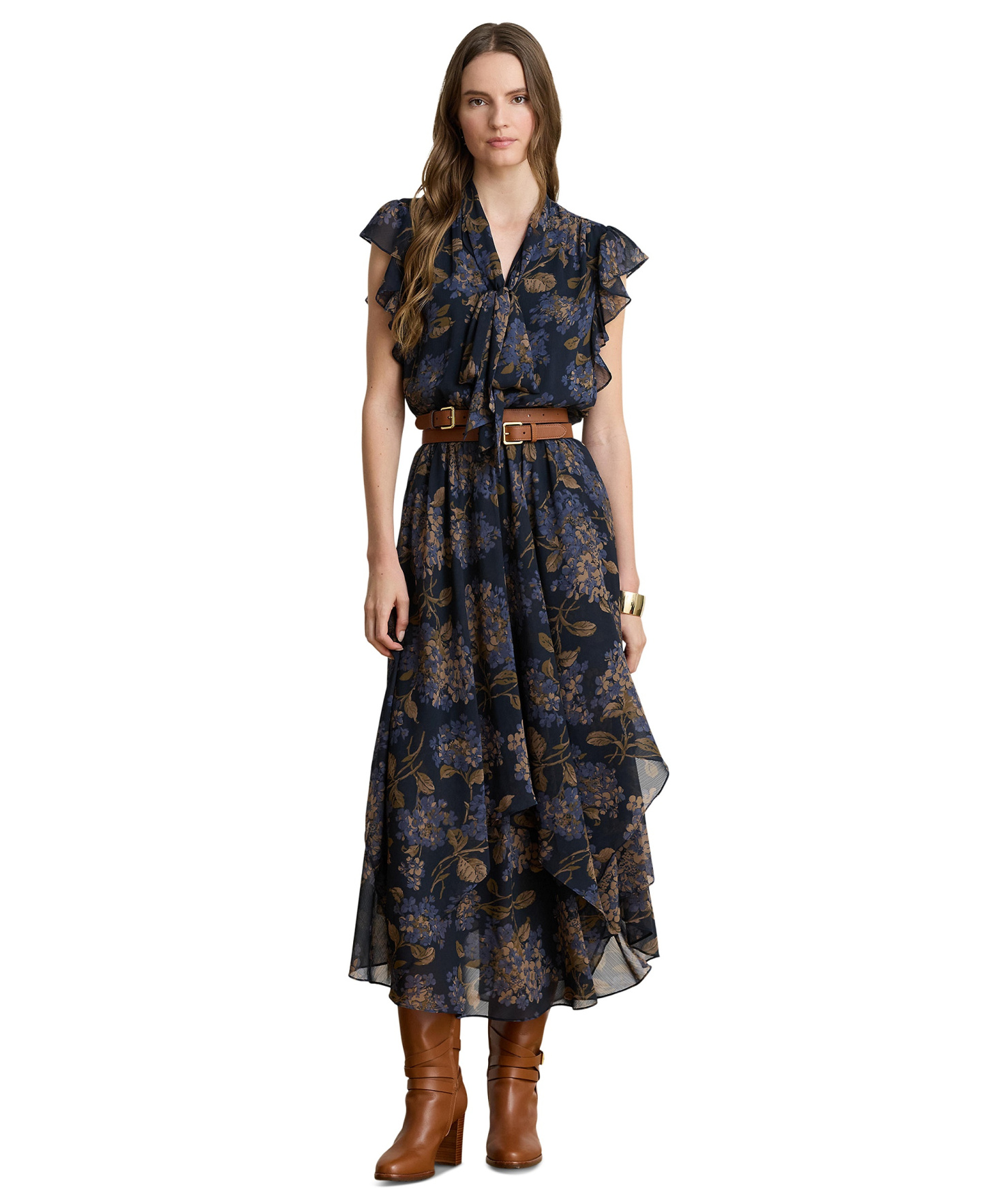 Lauren Ralph Lauren Women's Floral Crinkle Georgette Tie-Neck Midi Dress