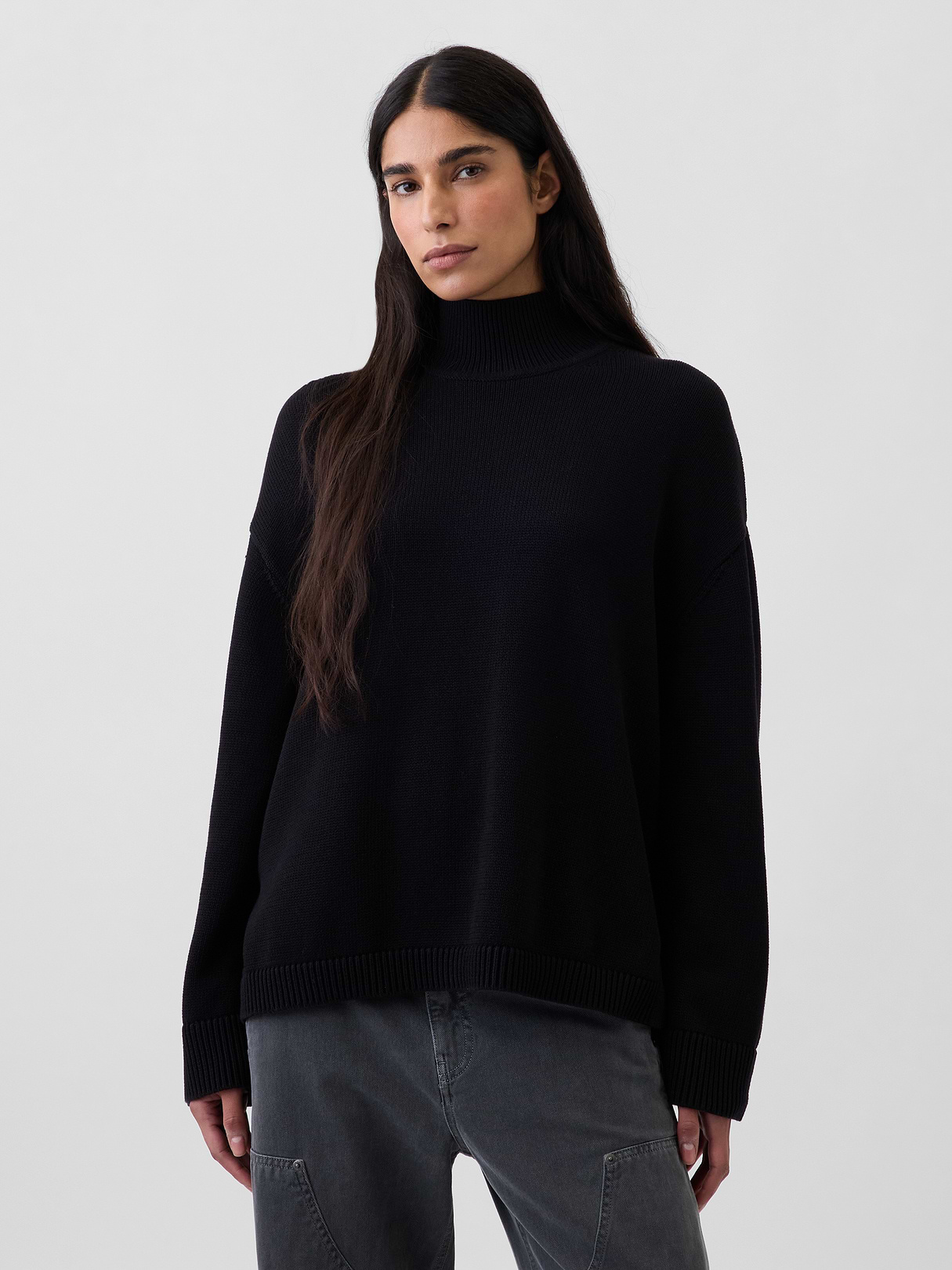 100% Cotton Oversized Mockneck Sweater - Black