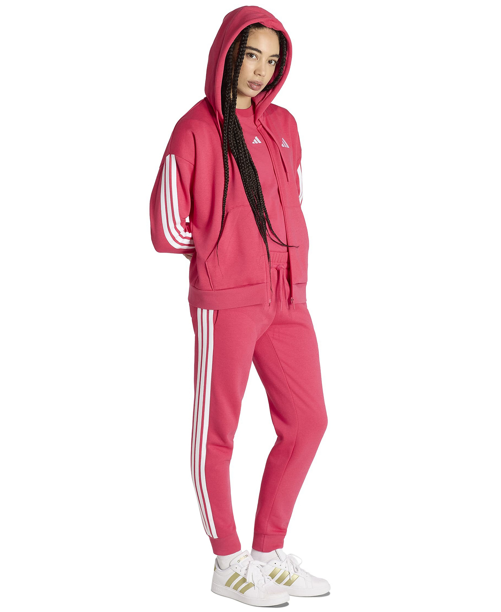 adidas Women's 3-Stripe Fleece Full-Zip Hoodie - Power Pink/white