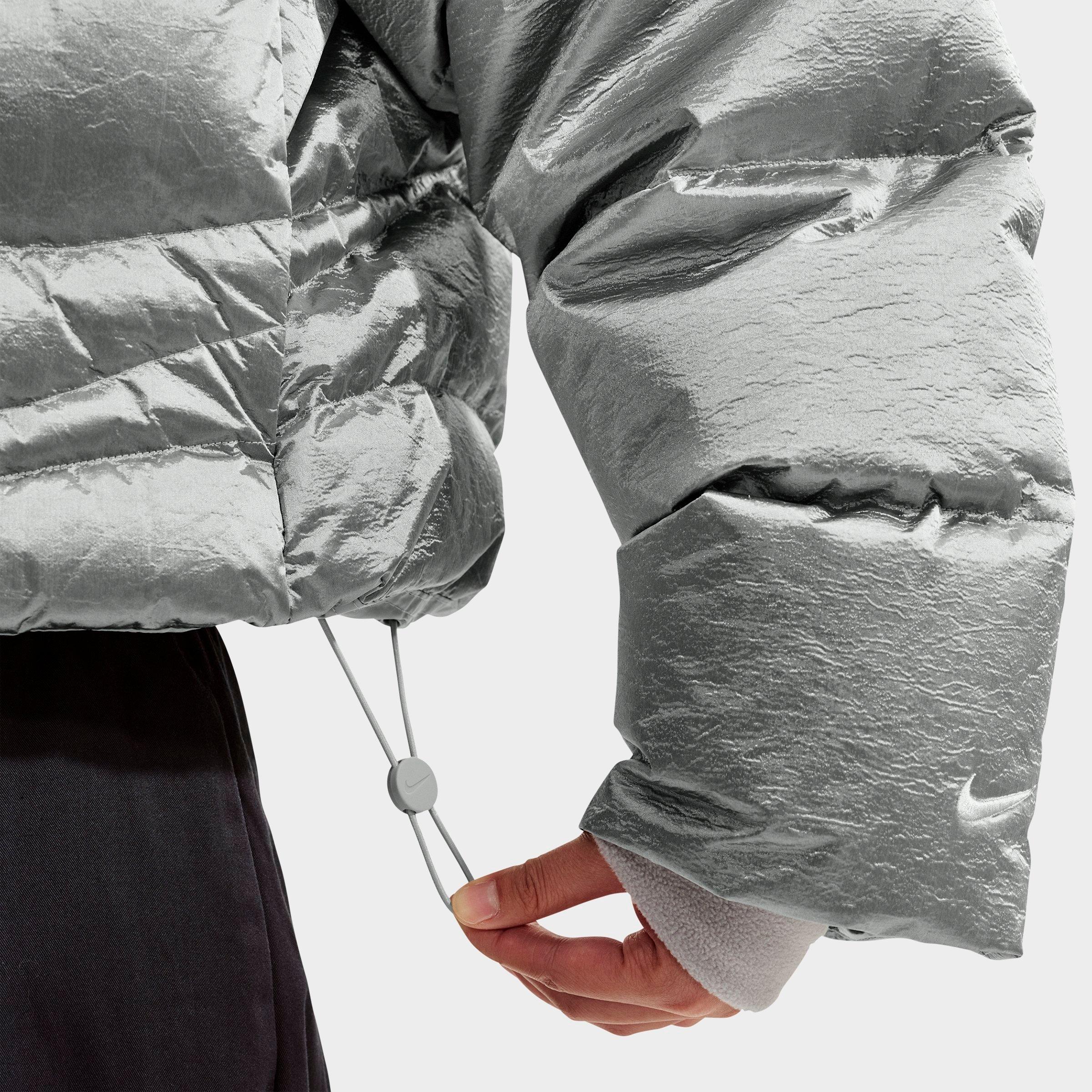 Women's Nithtke Sportswear Swoosh Series Therma-FIT Oversized Full-Zip Down Puffer Jacket - Metallic Silver/Light Smoke Grey