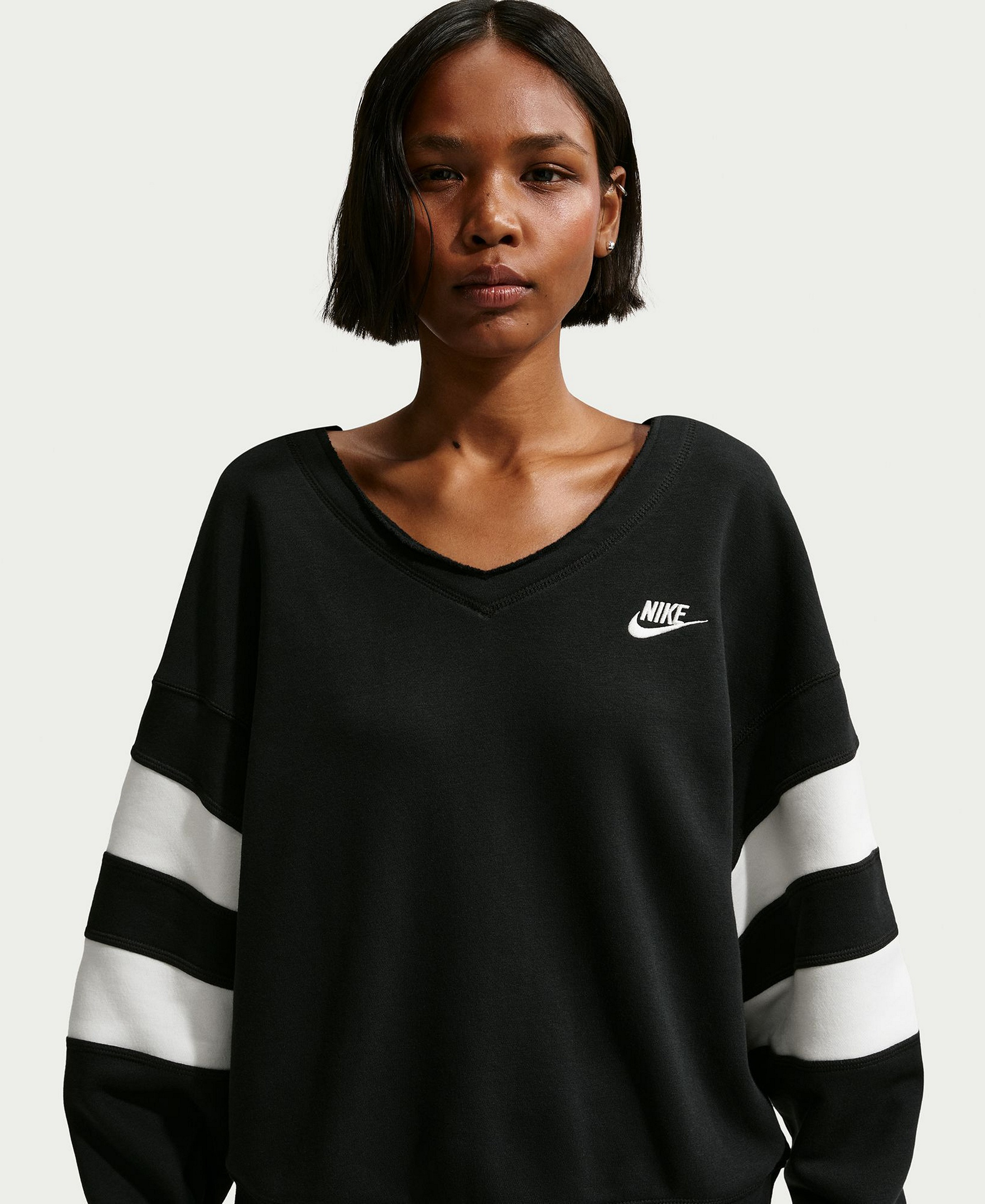 Nike Women's Sportswear Club Fleece Oversized V-Neck Sweatshirt - Black/Sail/Sail