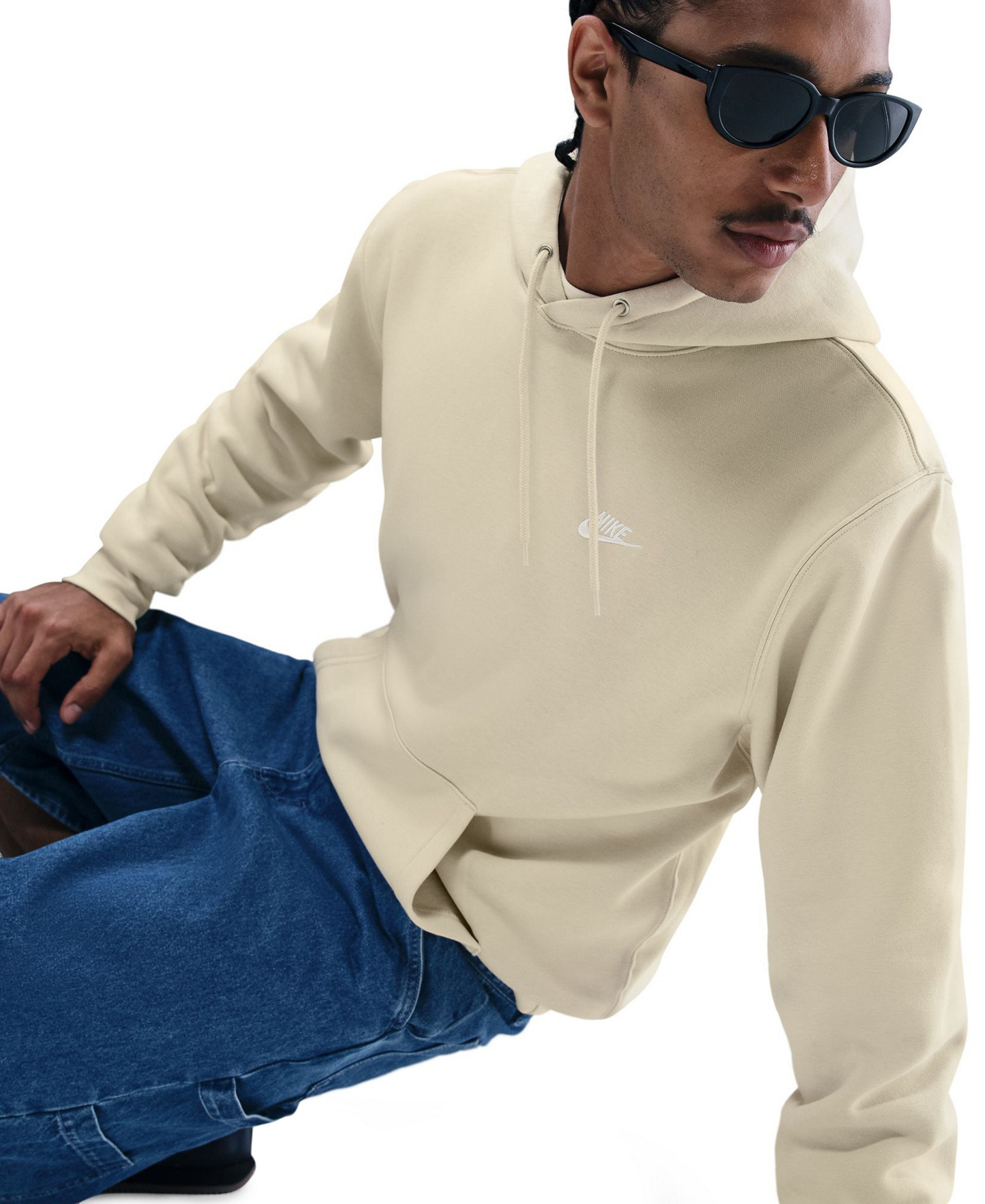 Nike Men's Club Pullover Fleece Hoodie Logo - Lite Khaki/White