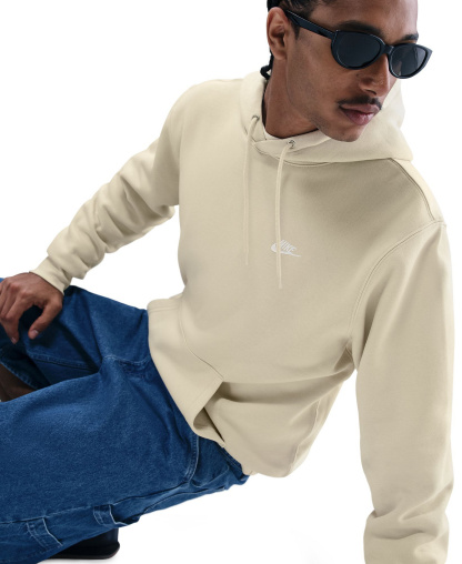 Nike Men's Club Pullover Fleece Hoodie Logo - Lite Khaki/White