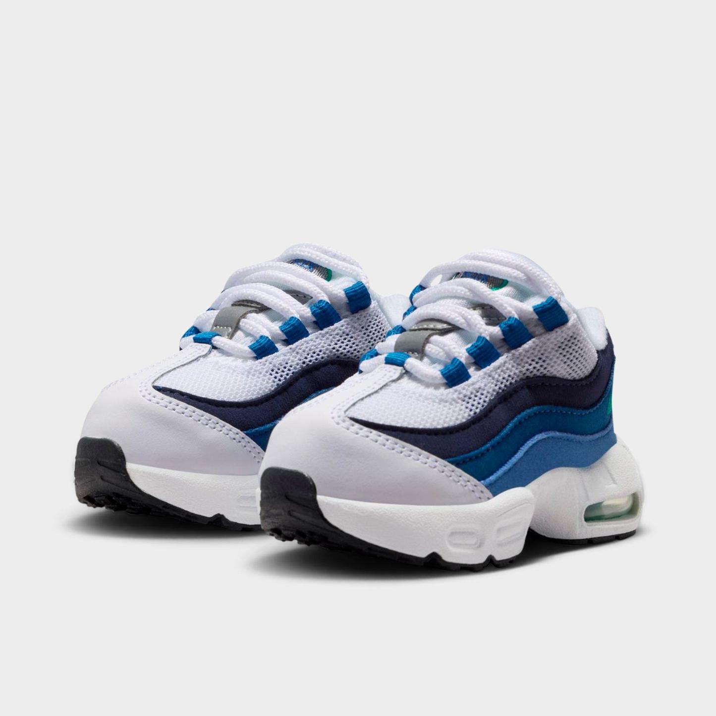 Kids' Toddler Nithtke Air Max 95 Casual Shoes - White/Lake Blue/French Blue/Emerald Green - Both shoes facing left