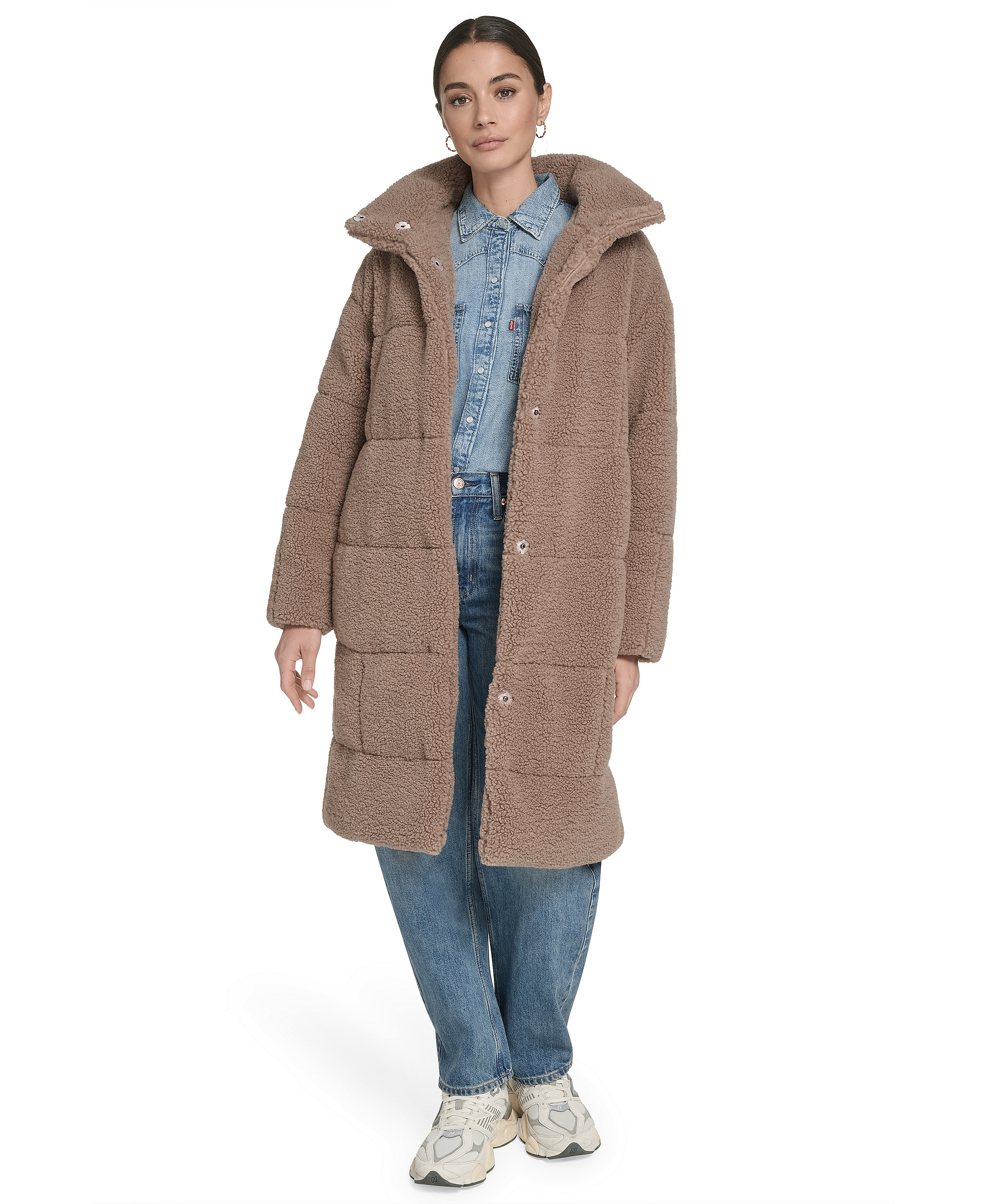 Levi's Women's Long Sherpa Snap-Closure Teddy Coat - Taupe