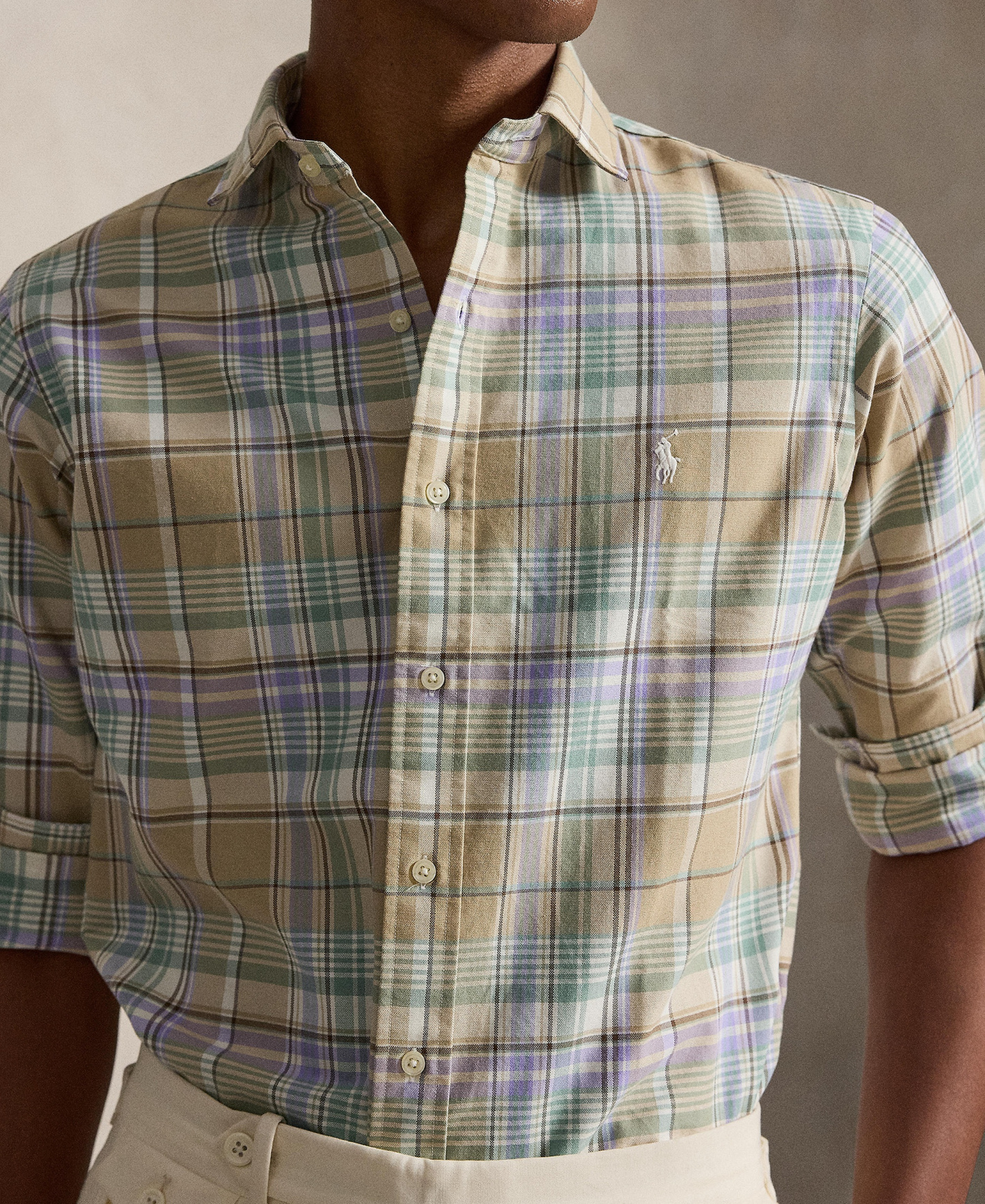 Polo Ralph Lauren Men's Classic-Fit Plaid Brushed Oxford Shirt - Khaki Faded Mint Multi