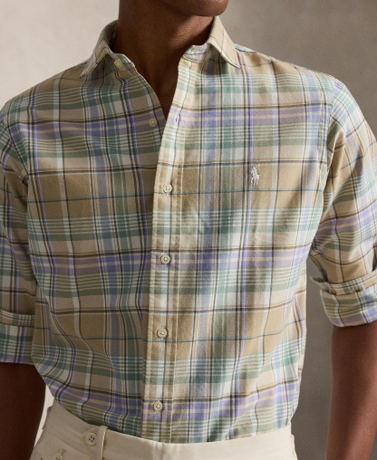 Polo Ralph Lauren Men's Classic-Fit Plaid Brushed Oxford Shirt - Khaki Faded Mint Multi