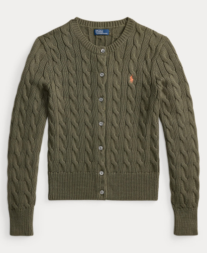 Polo Ralph Lauren Women's Cable-Knit Cotton Crewneck Cardigan Sweater - Dense Olive