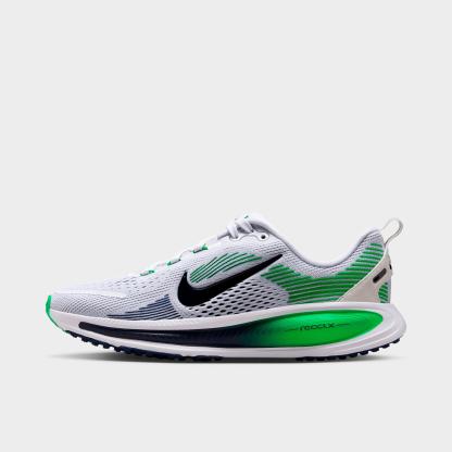 Big Kids' Nithtke Vomero 18 Running Shoes - Part 1 - White/Midnight Navy/Green Spark - Left shoe facing left. Outside of the shoe.