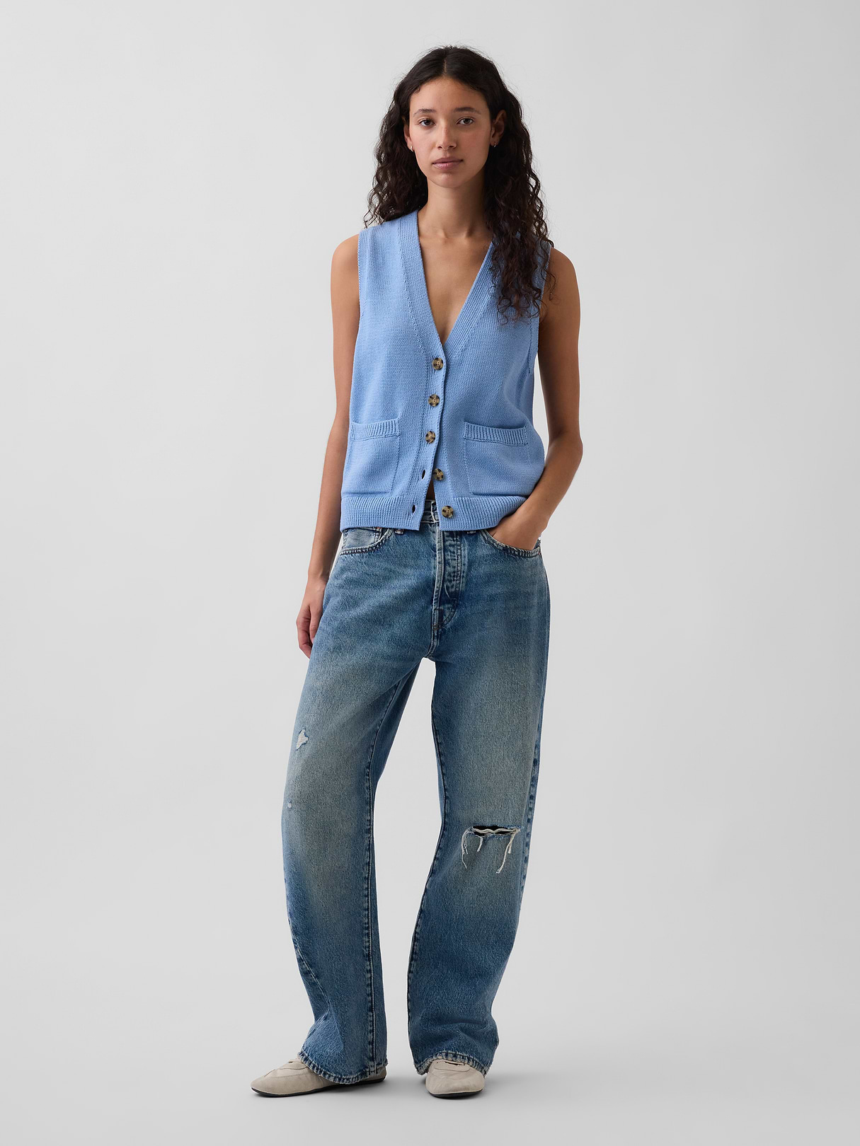 100% Cotton Pocket Sweater Vest - Blue suede