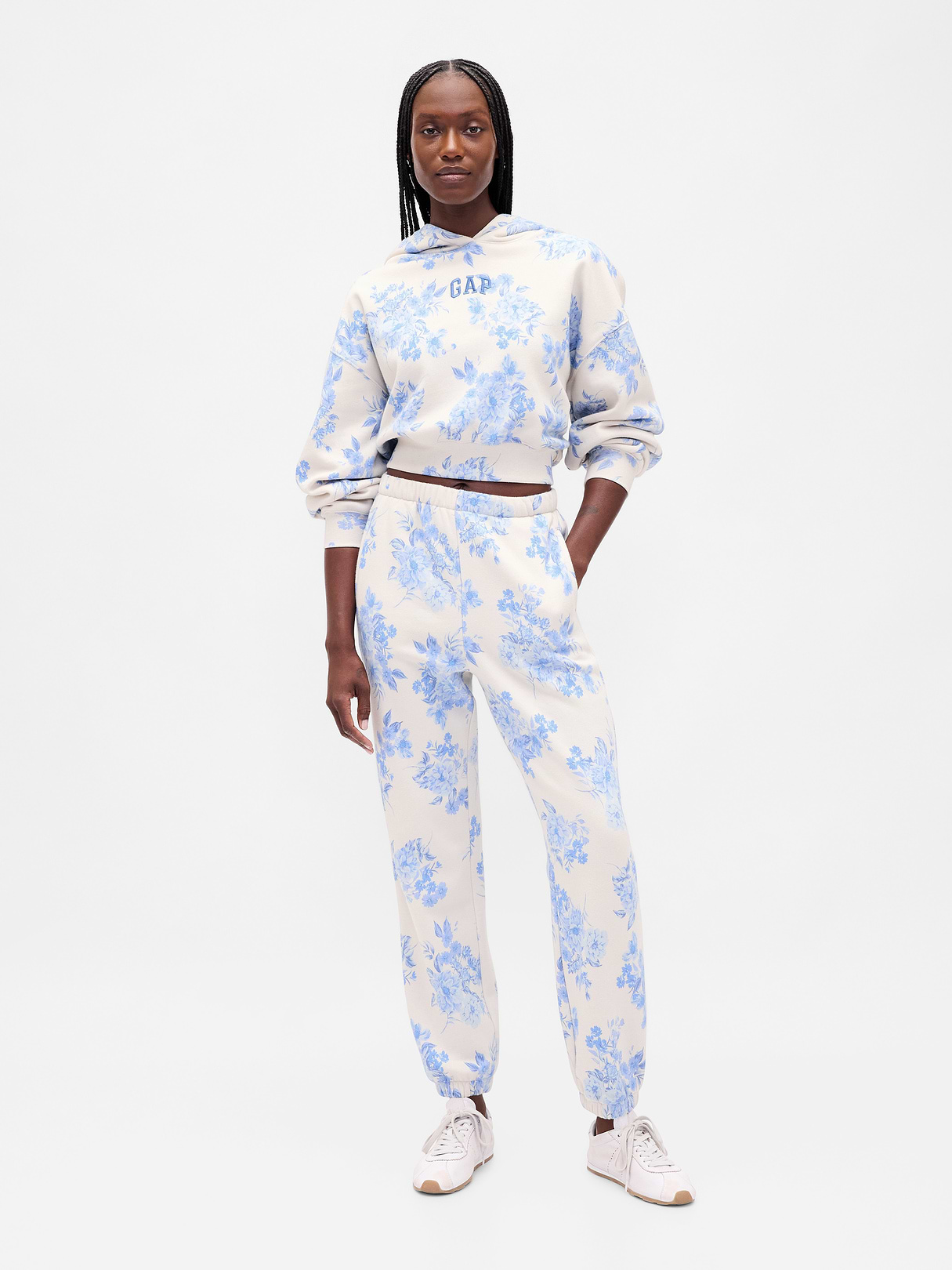 VintageSoft Crop Logo Hoodie - Blue floral print