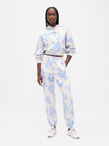 VintageSoft Crop Logo Hoodie - Blue floral print