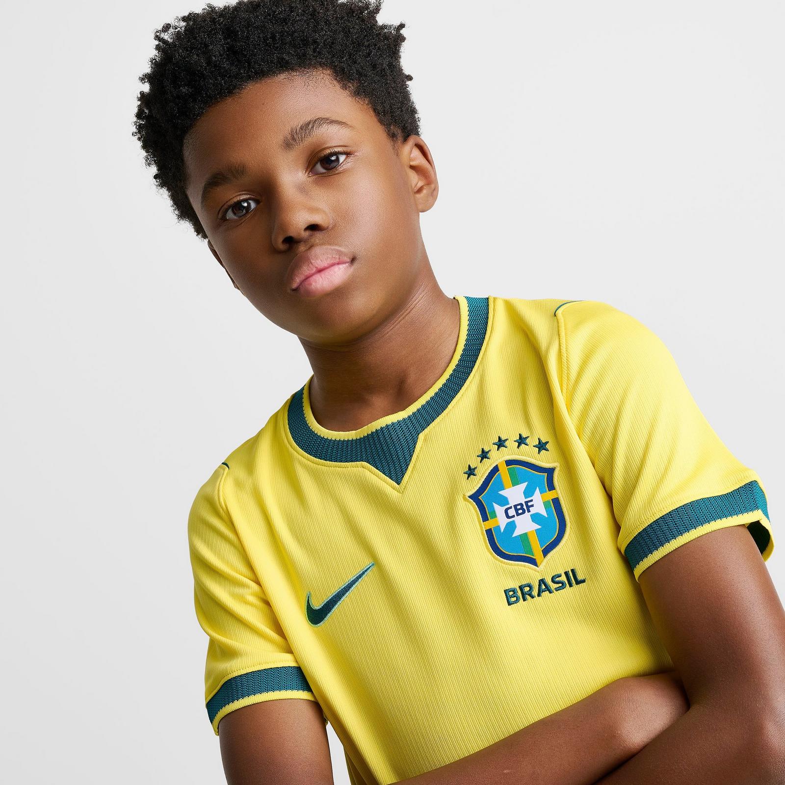 Big Kids' Nike Brazil 26 Stadium Home Dri-FIT Replica Soccer Jersey - Canary/Light Menta/Geode Teal