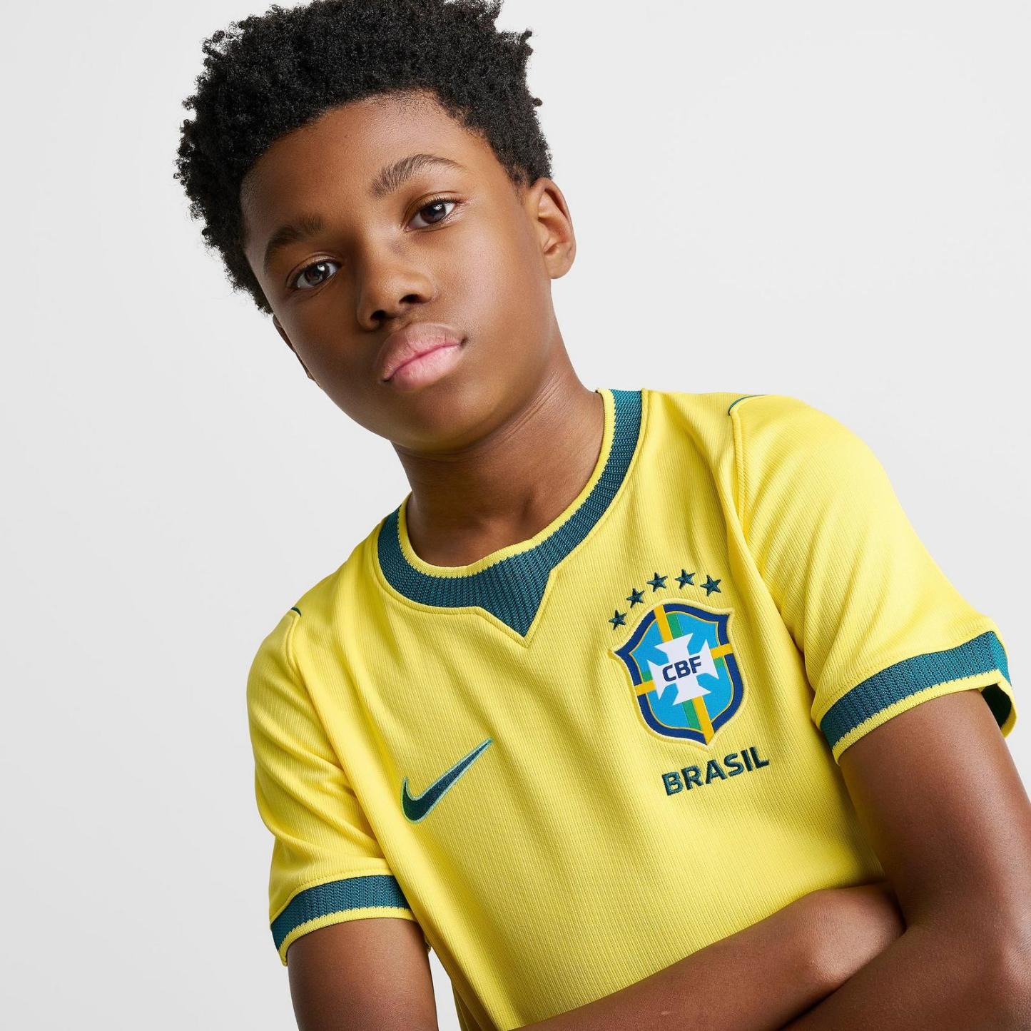 Big Kids' Nike Brazil 26 Stadium Home Dri-FIT Replica Soccer Jersey - Canary/Light Menta/Geode Teal