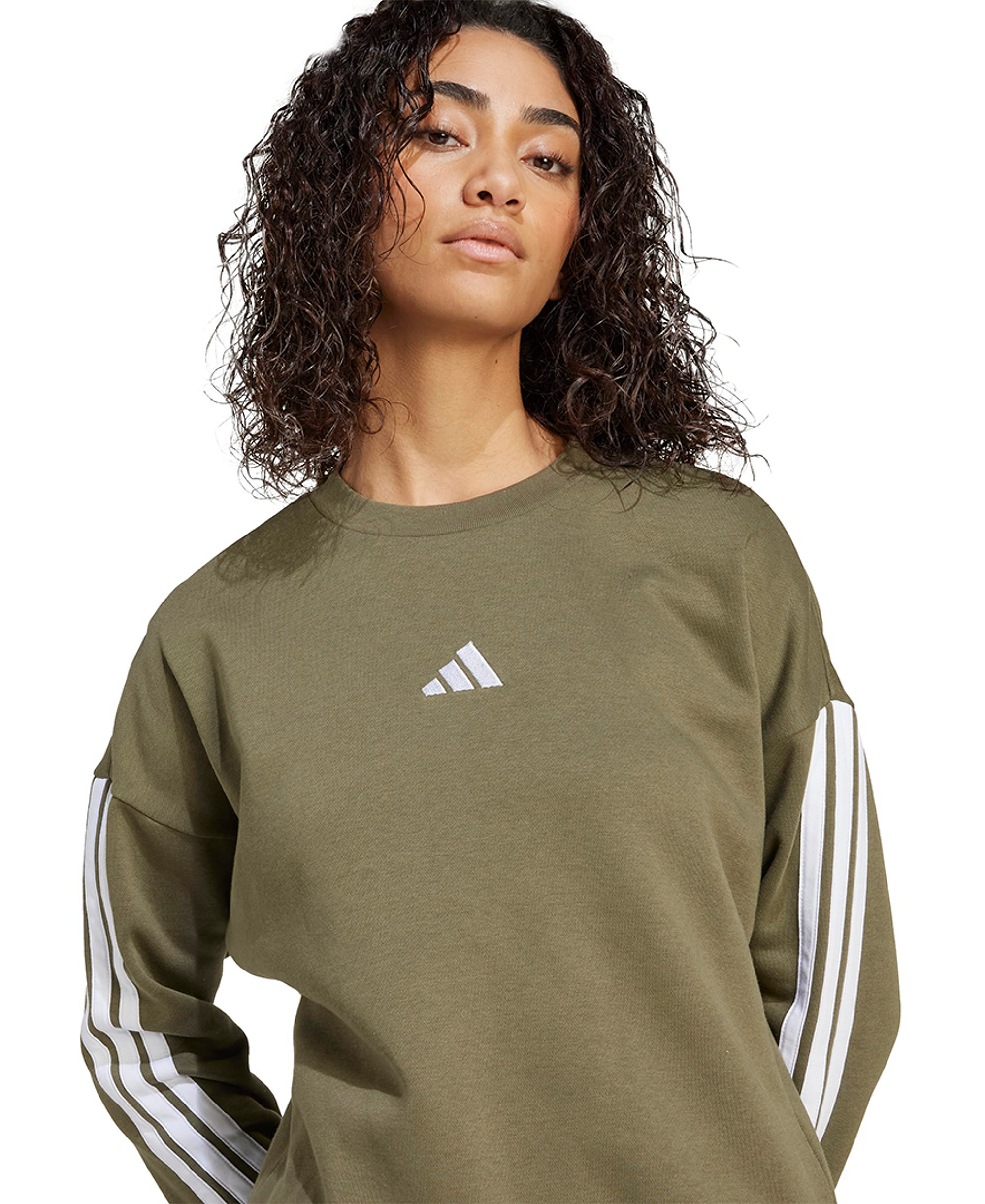 adidas Women's Essentials 3-Stripes Fleece Crew Neck Sweatshirt - Olive Strata