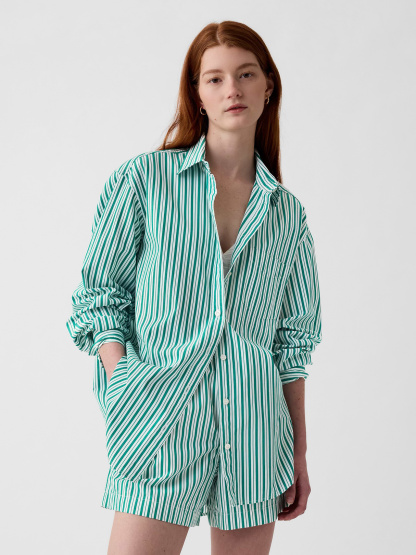 Organic Cotton Poplin Stripe Big Shirt - white & green stripe