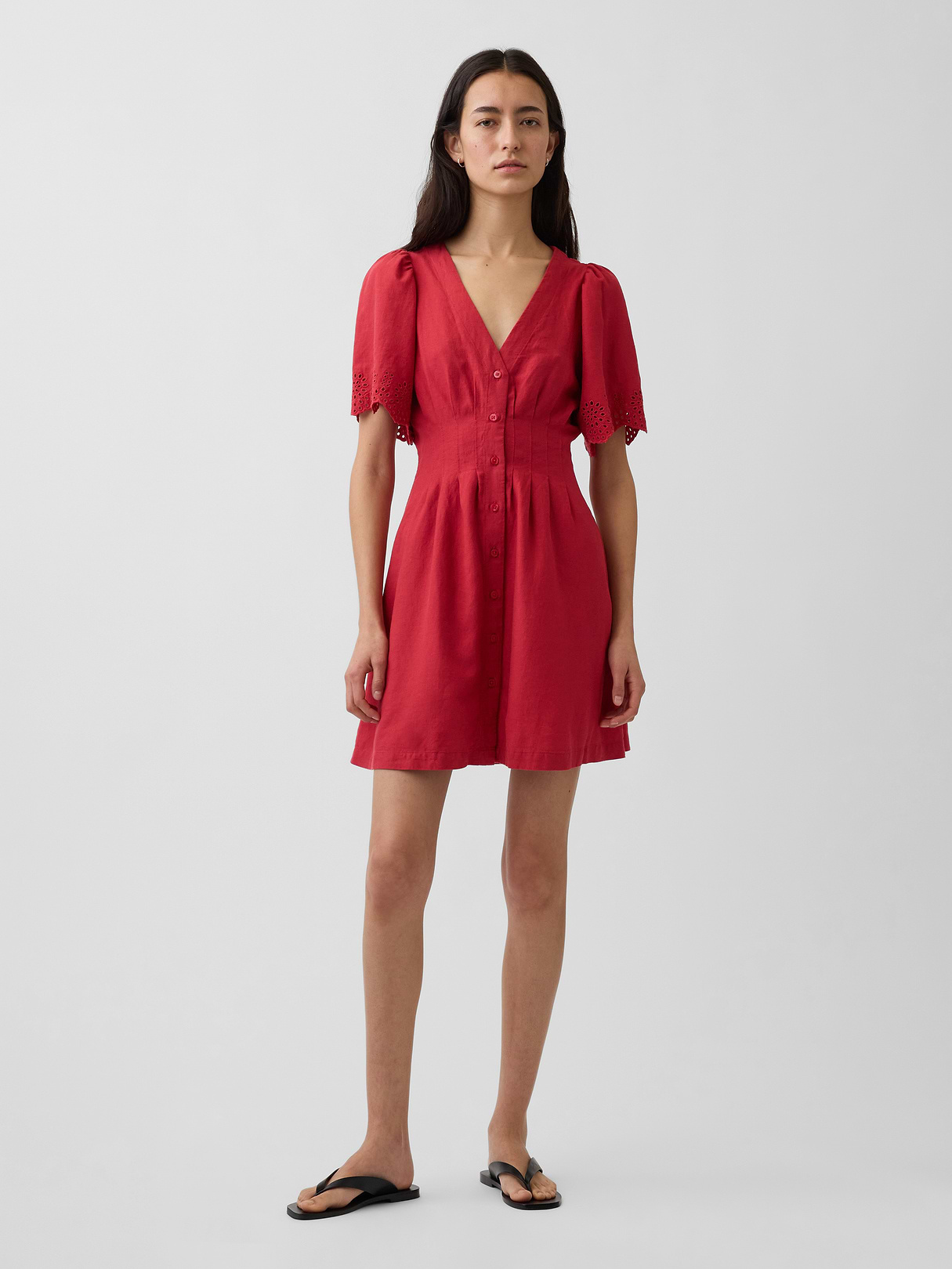 Linen-Blend Cinched Mini Shirtdress - Chakra red