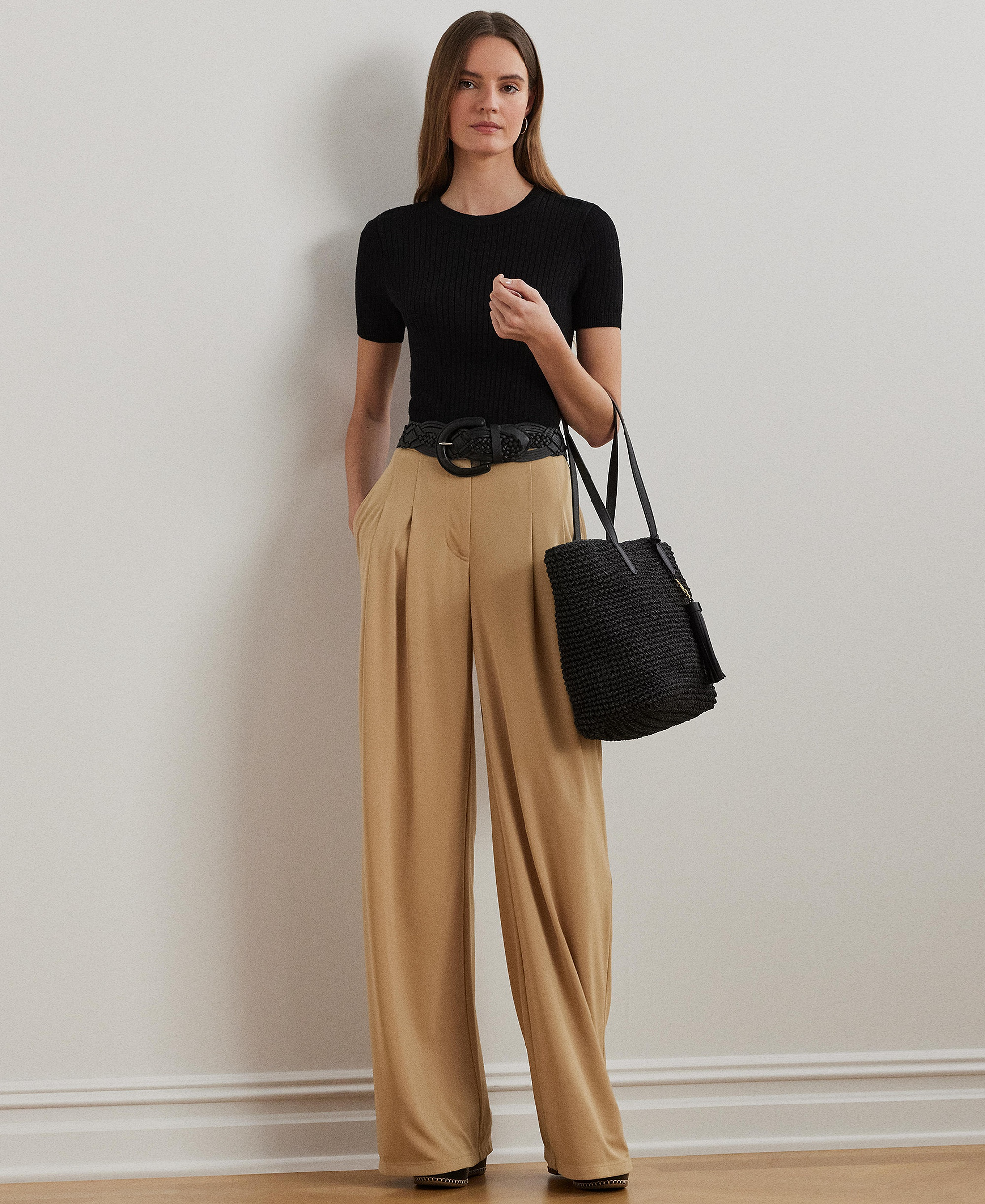 Lauren Ralph Lauren Women's Pleated Stretch Jersey Wide-Leg Pants - Birch Tan