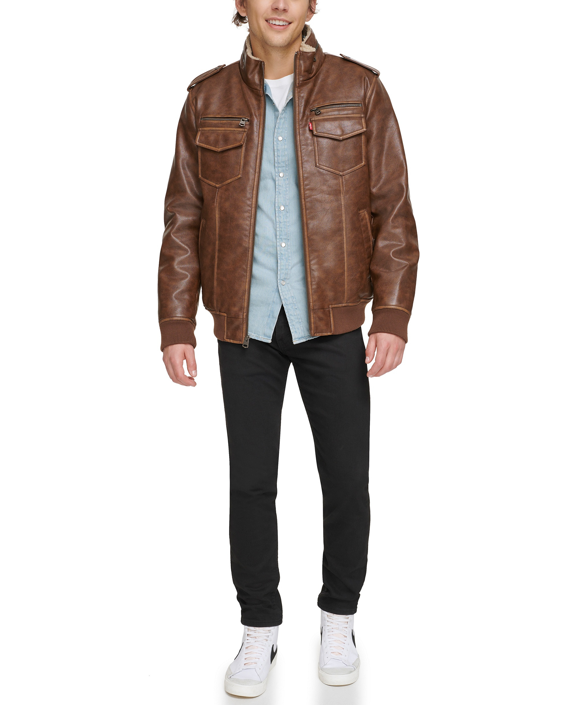 Levi's Men's Sherpa Lined Faux Leather Aviator Bomber - Saddle