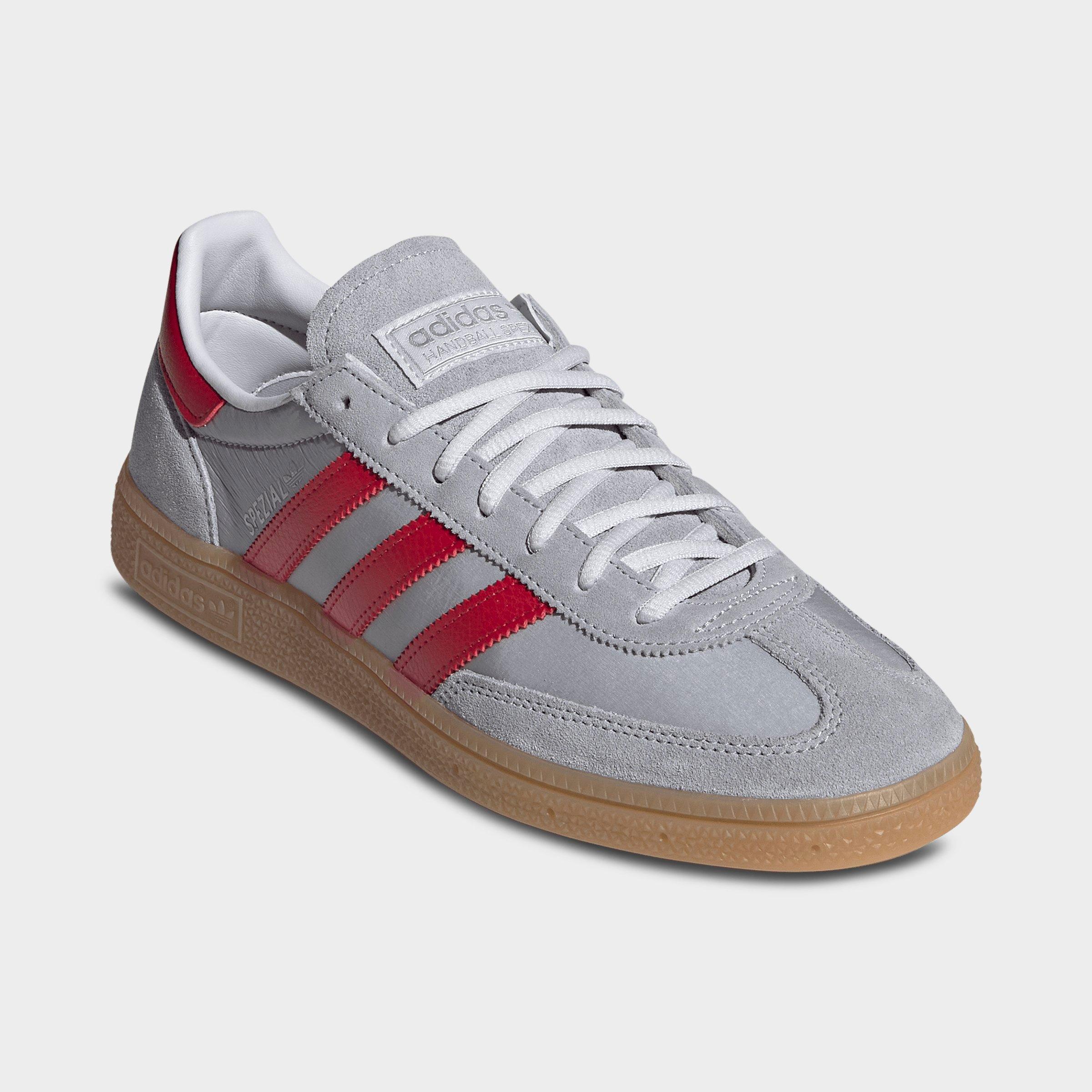 Men's adidas Originals Handball Spezial Casual Shoes - Part 3 - Halo Silver/Team Victory Red/Gum - Both shoes facing left