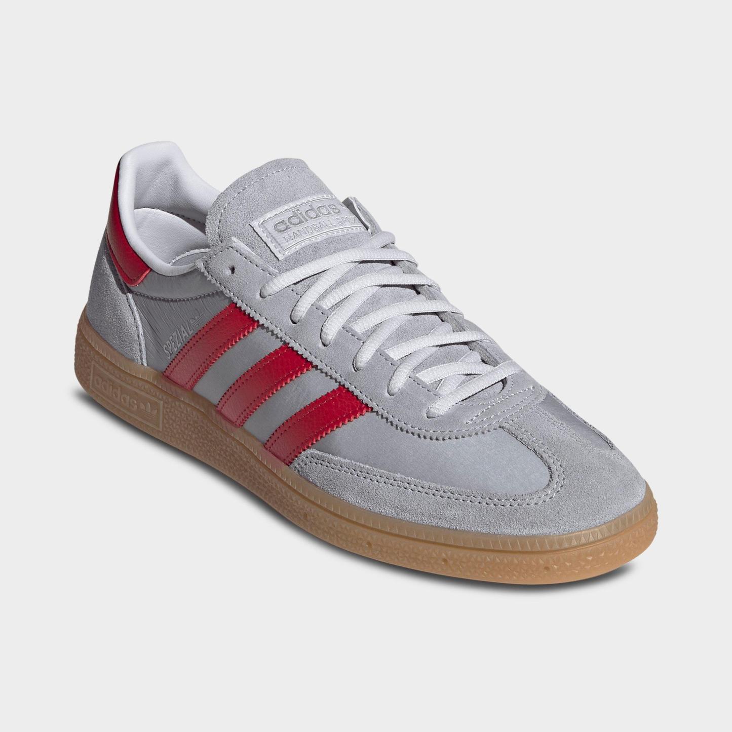 Men's adidas Originals Handball Spezial Casual Shoes - Part 3 - Halo Silver/Team Victory Red/Gum - Both shoes facing left