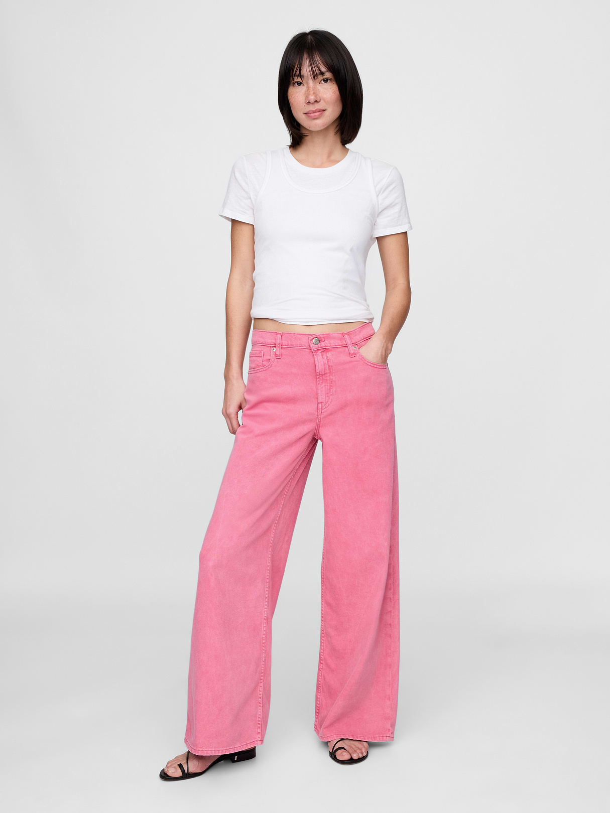Mid Rise Denim Stripe Baggy Jeans - Sugar pink