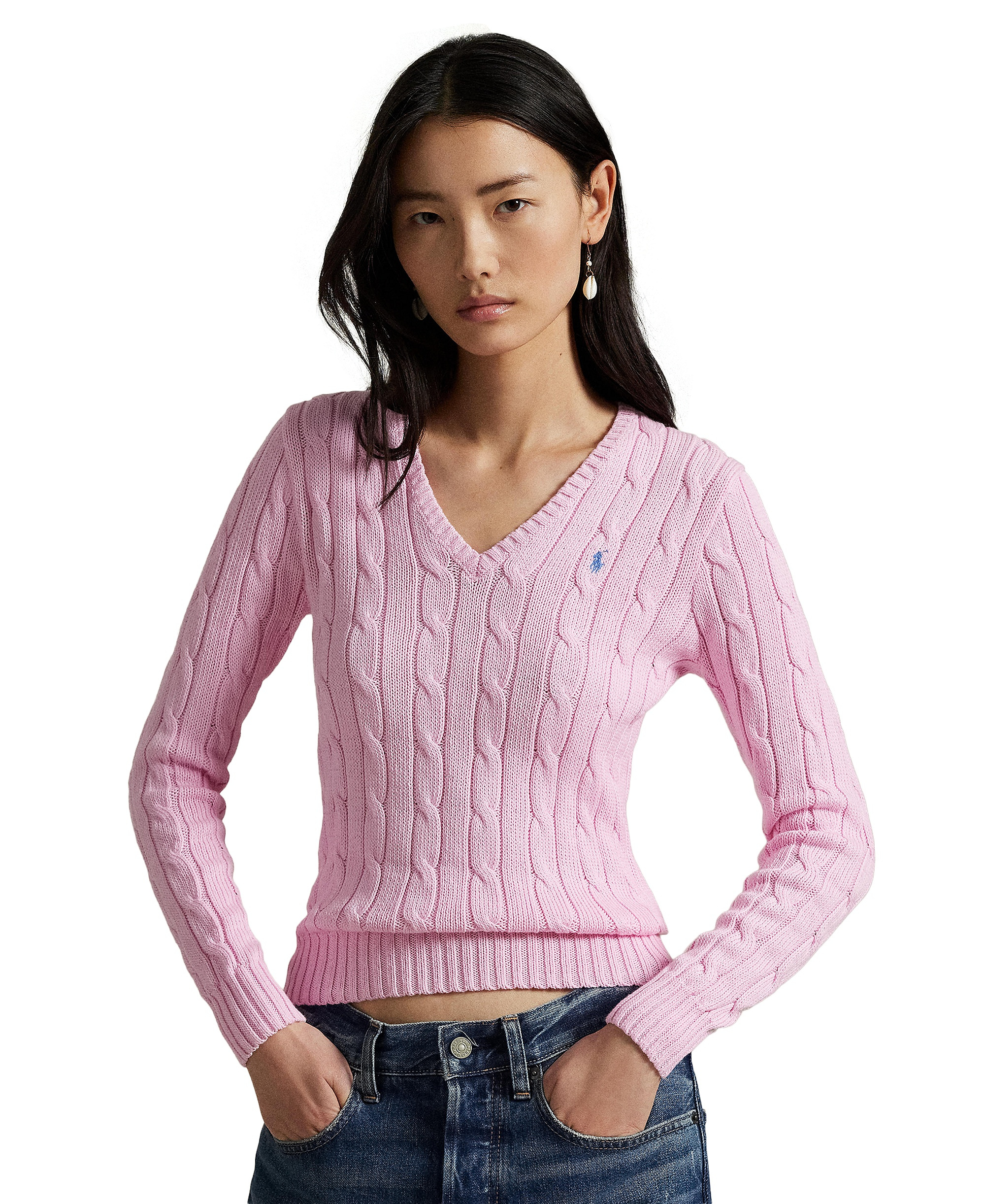 Polo Ralph Lauren Women's Cable-Knit Cotton V-Neck Sweater - Carmel Pink