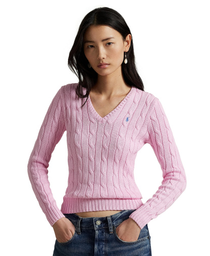Polo Ralph Lauren Women's Cable-Knit Cotton V-Neck Sweater - Carmel Pink