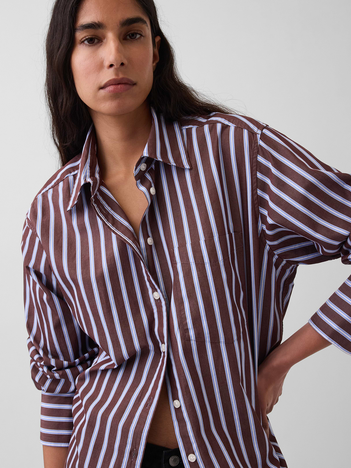 Organic Cotton Poplin Stripe Big Shirt - Brown & blue stripe