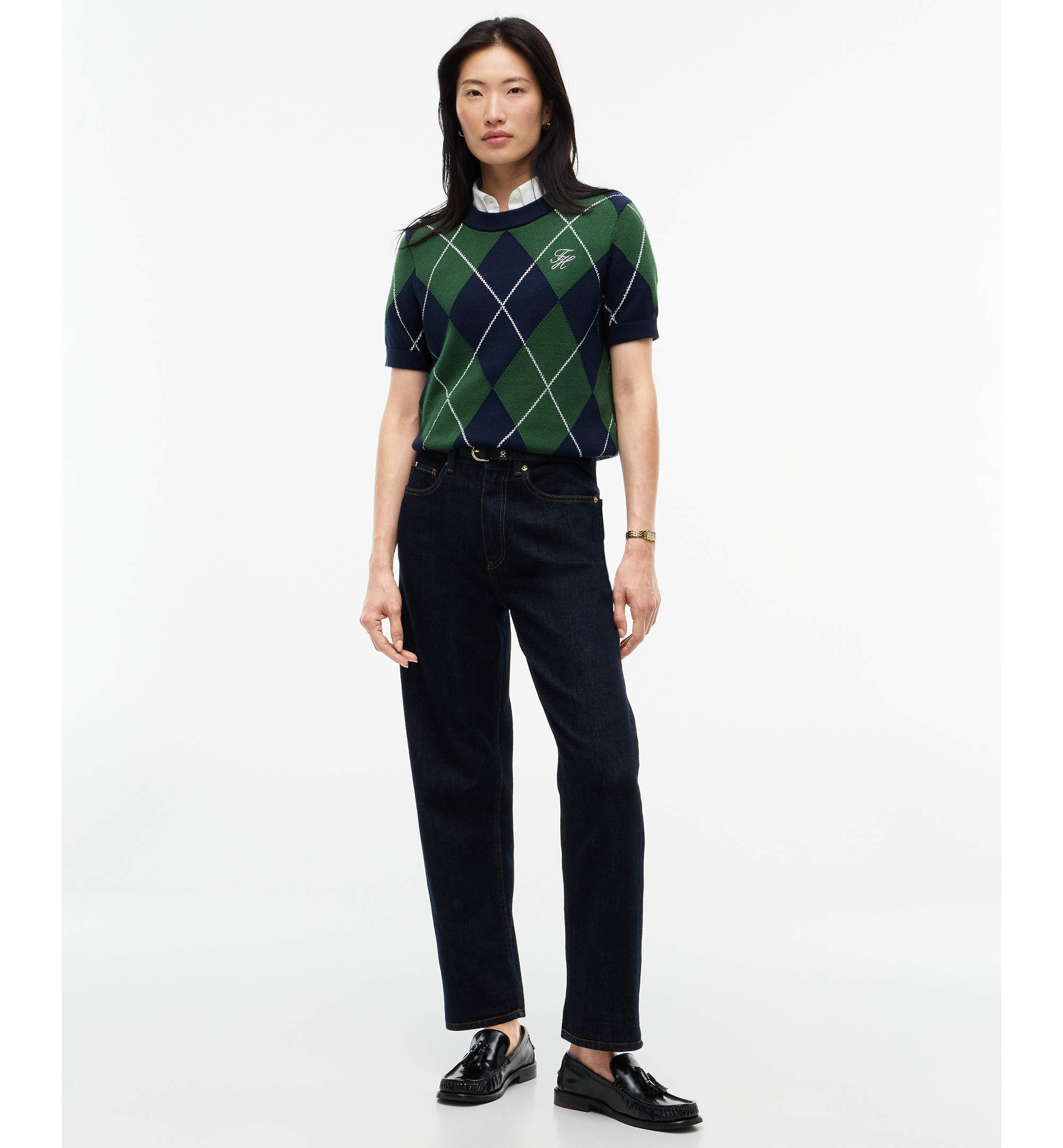 Tommy Hilfiger Women's Tartan Argyle Short-Sleeve Sweater - Argyle Deep Evergreen Dark Blue