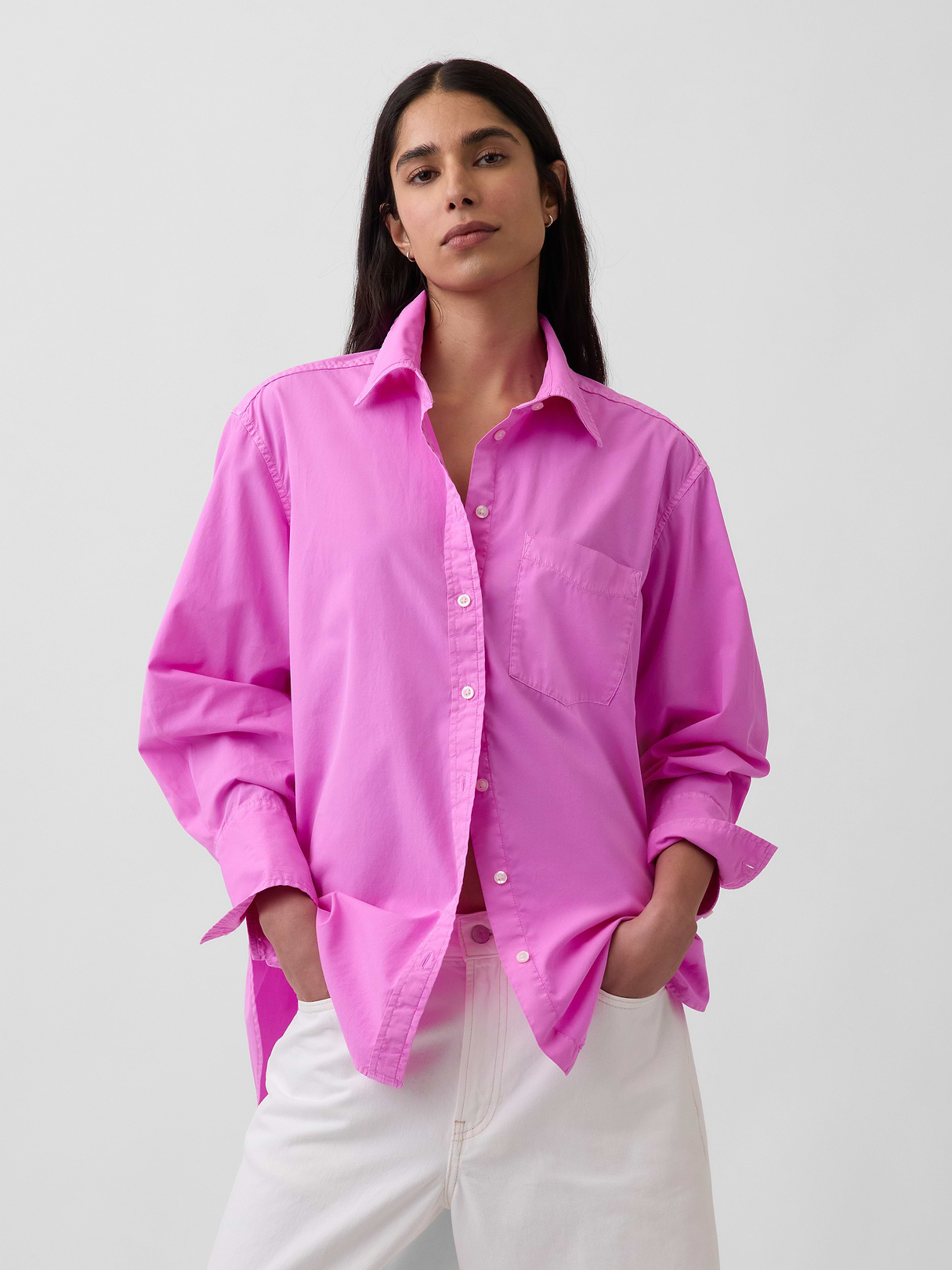 Organic Cotton Poplin Stripe Big Shirt - Neon pink glow