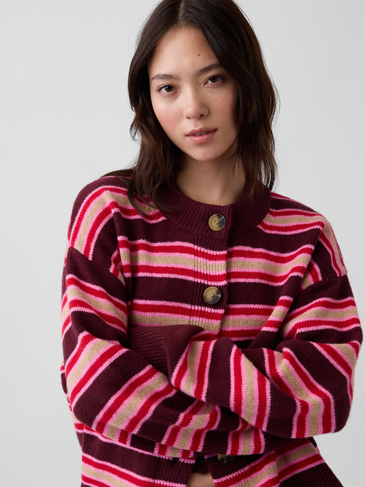 CashSoft Oversized Chunky Cardigan - Purple burgundy & pink stripe