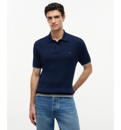 Tommy Hilfiger Men's Cable Knitted Short-Sleeve Sweater Polo Shirt - Carbon Navy